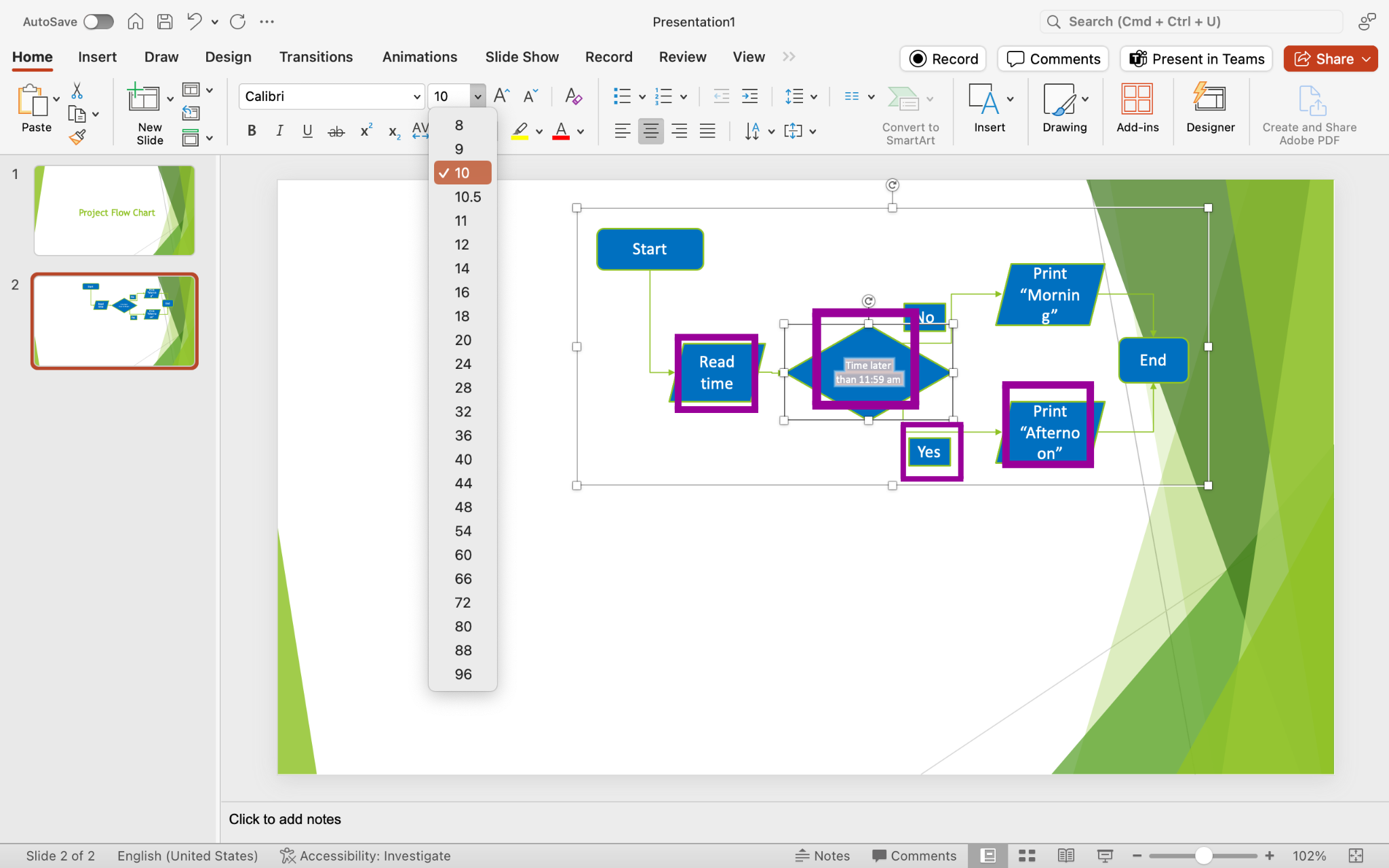 PowerPoint screenshot of grouped flow chart resized and font being resized to fit new shape sizes.