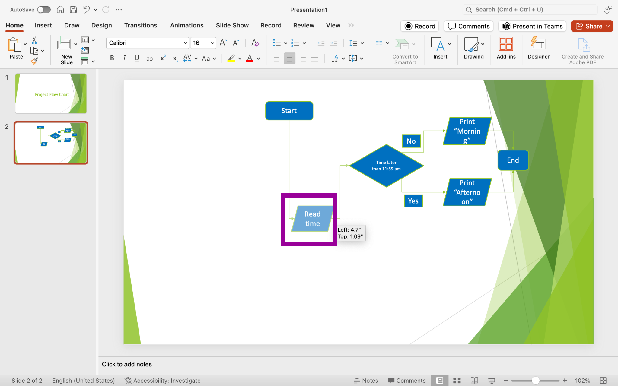 PowerPoint screenshot of grouped flow chart resized and shape being moved to new location within group.