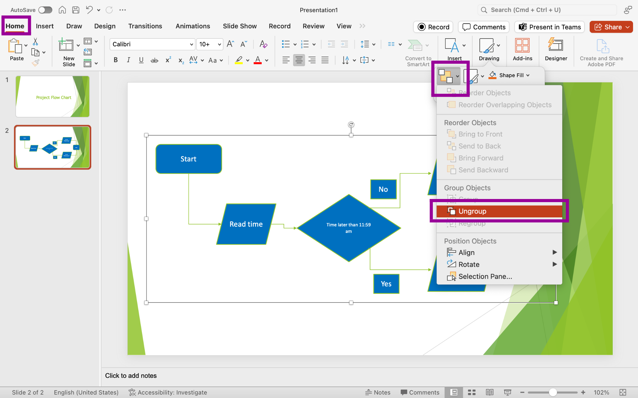 PowerPoint screenshot of flow chart slide with group selected and being ungrouped.