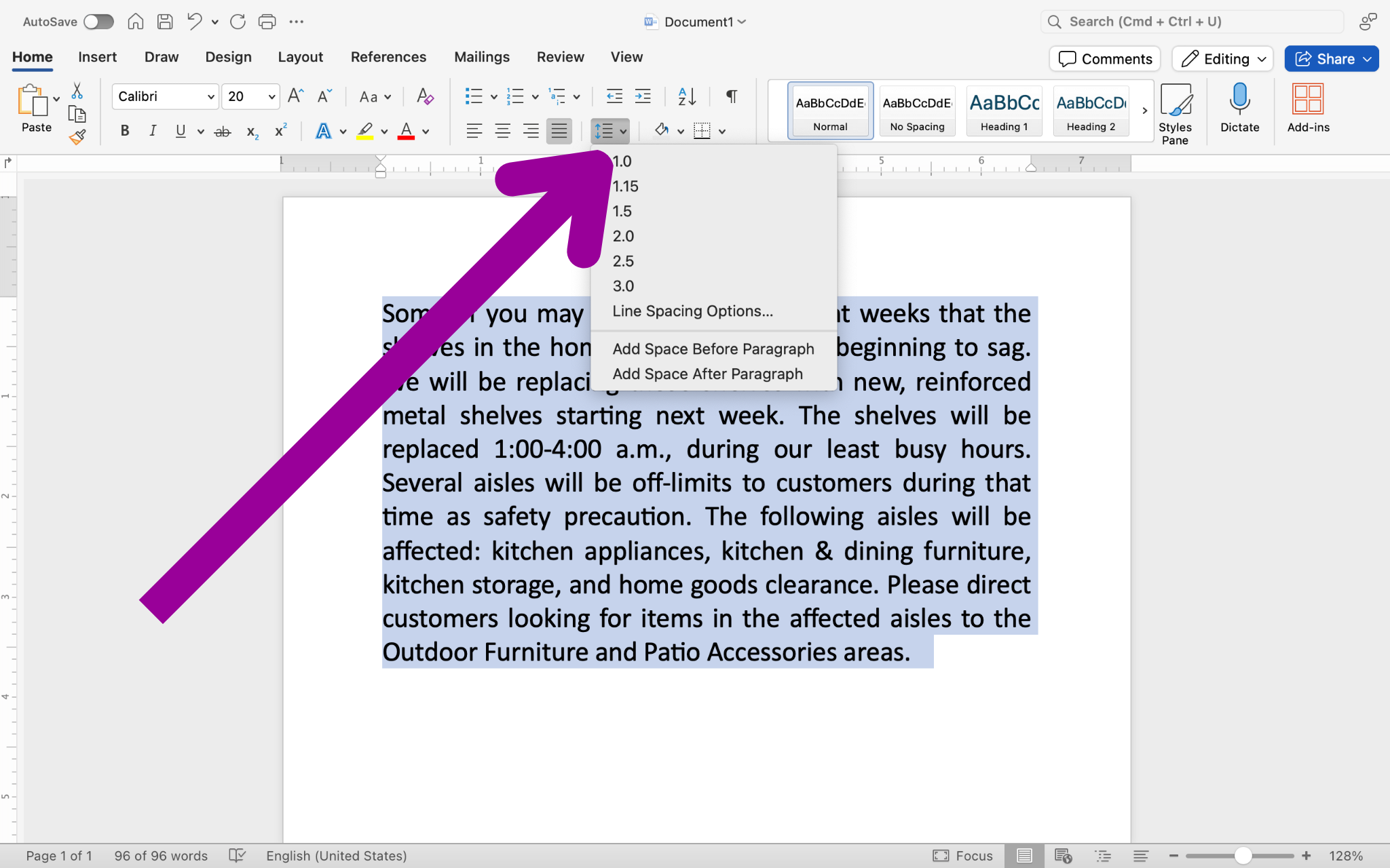 A microsoft word document with a section of text on it. A large magenta arrow is pointing towards the line spacing menu and the dropdown for it has been triggered.