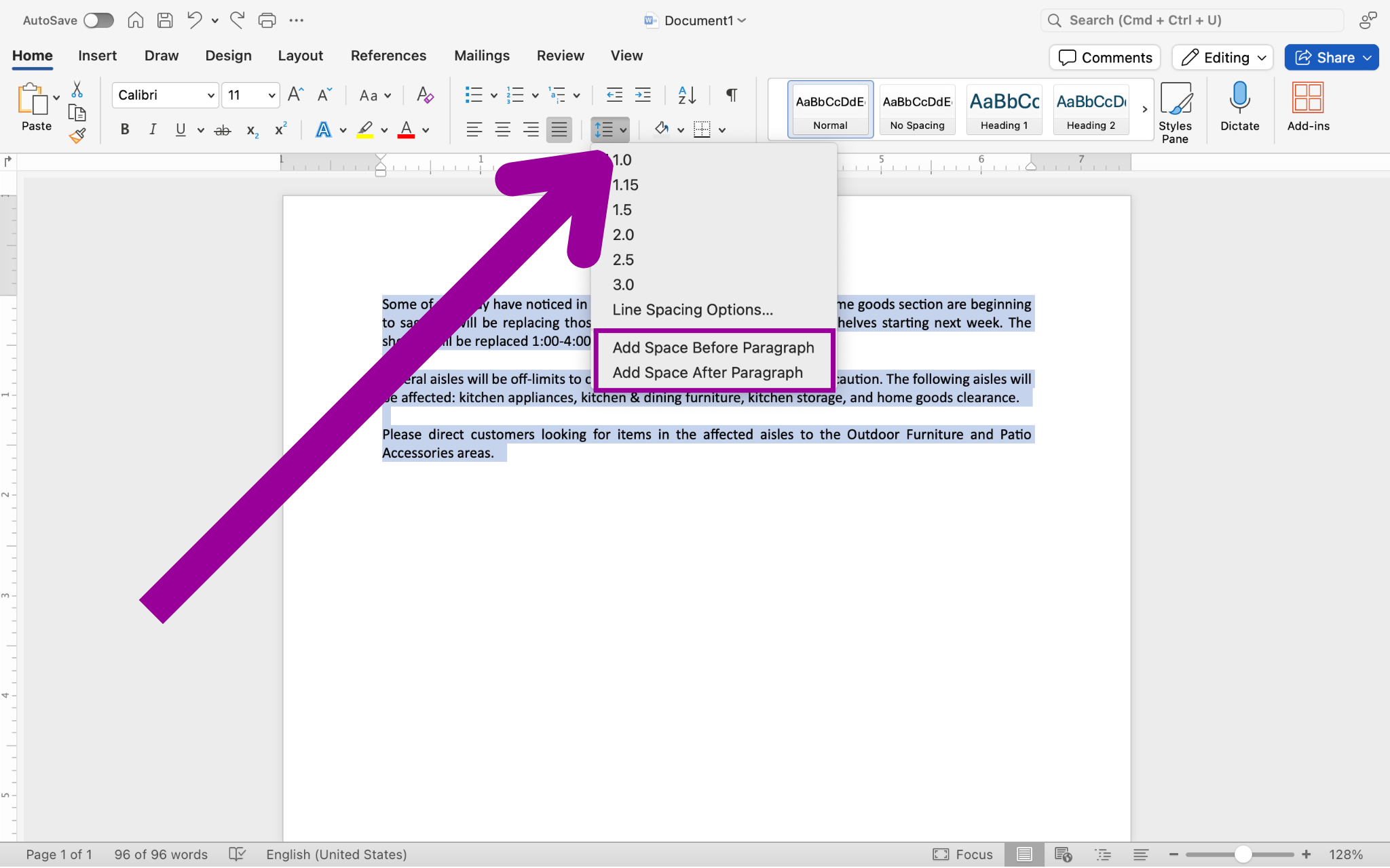 A microsoft word document with a section of text on it. A large magenta arrow is pointing towards the line spacing menu and the dropdown for it has been triggered. In the dropdown menu a green box highlights how to "Add Space Before Paragraph" or "Remove Space After Paragraph".