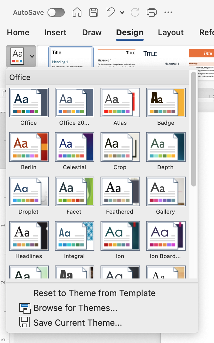 Themes button is selected from Design tab. Pane with various color palettes for selection is open, followed by options for Reset to Theme from Template, Browse for Themes, and Save Current Theme.