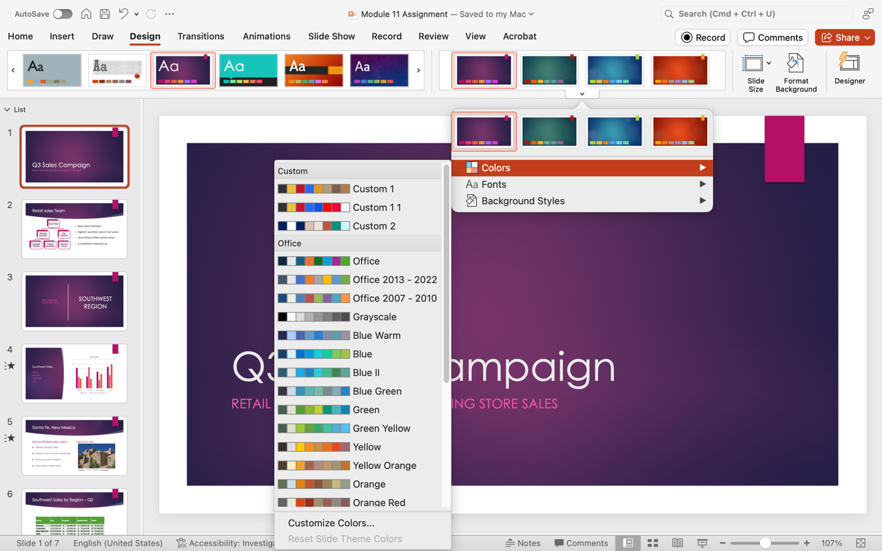 PowerPoint screenshot of open presentation with the color theme menu open to see.