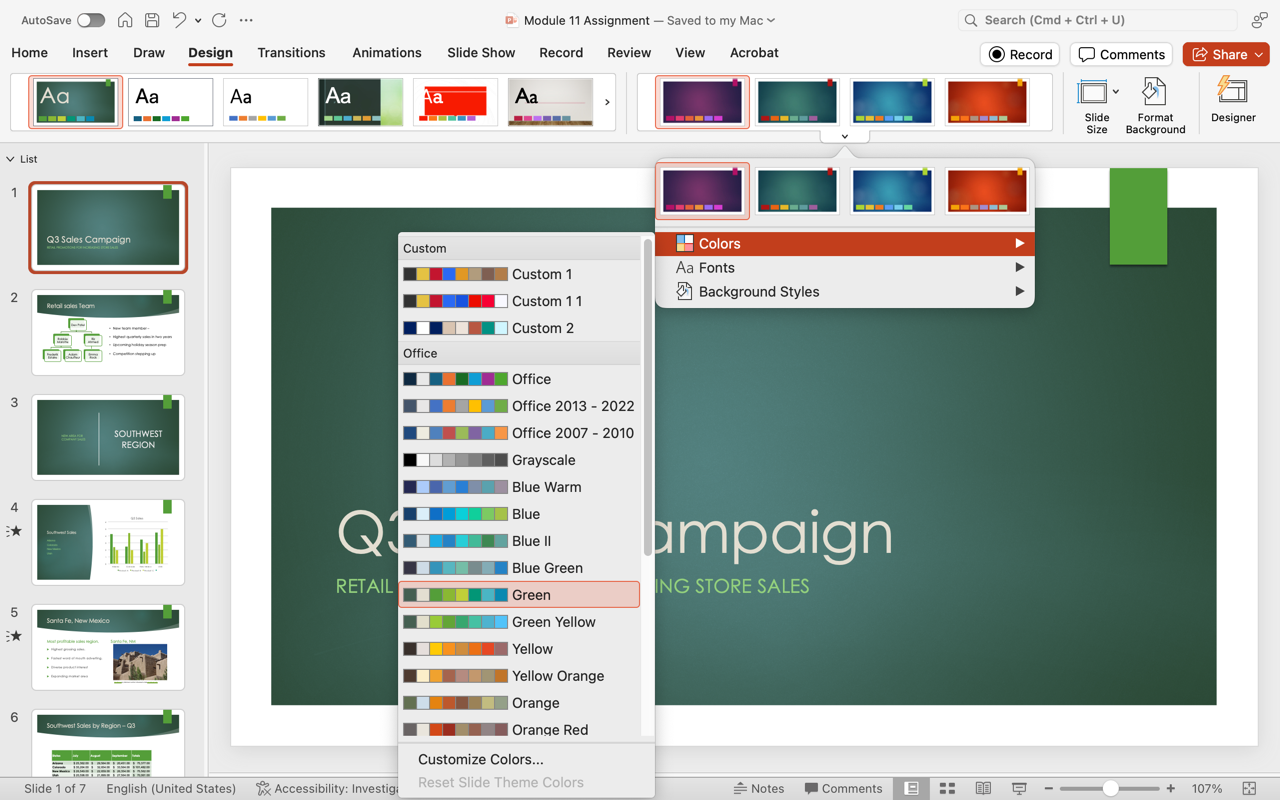 PowerPoint screenshot of open presentation with the color theme menu open to see and a new color for the current slide as the themes are hovered over with the cursor.
