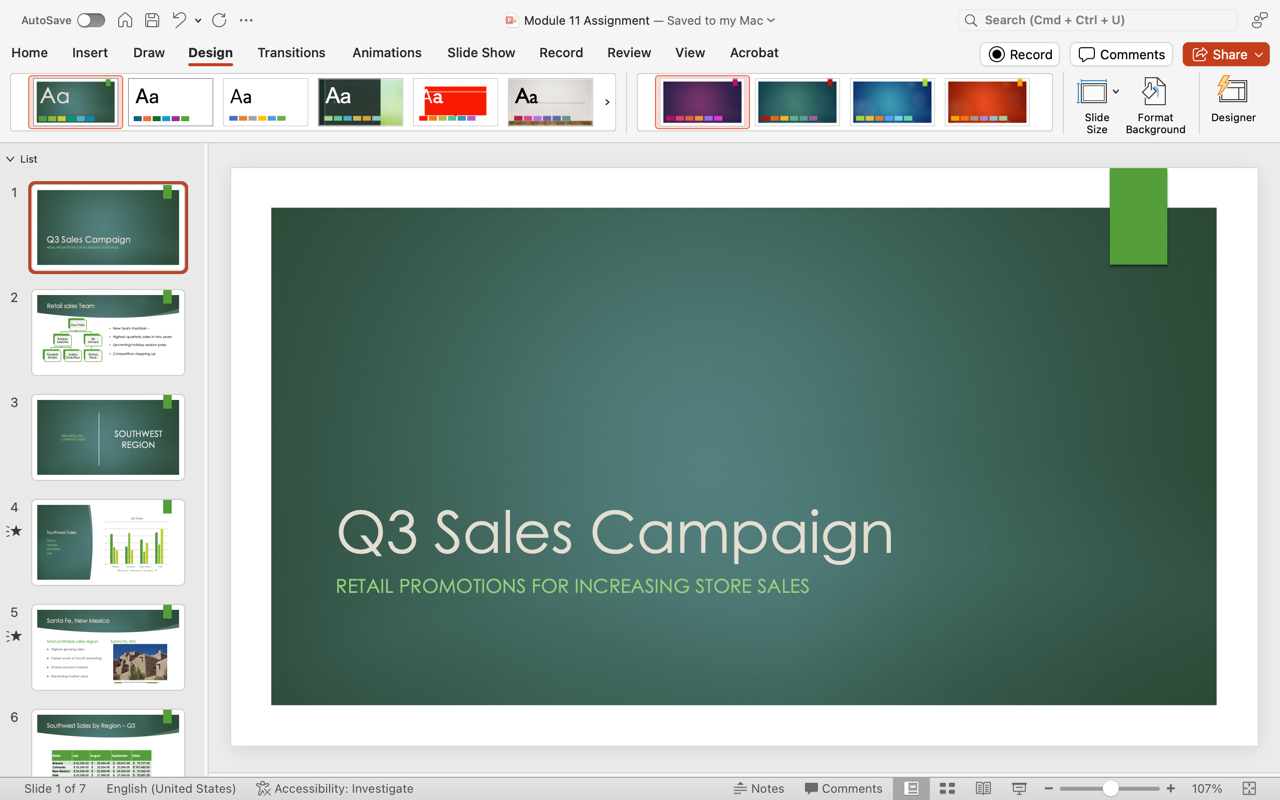 PowerPoint screenshot of open presentation with a new color theme selected and all of the slides now reflecting this color theme.