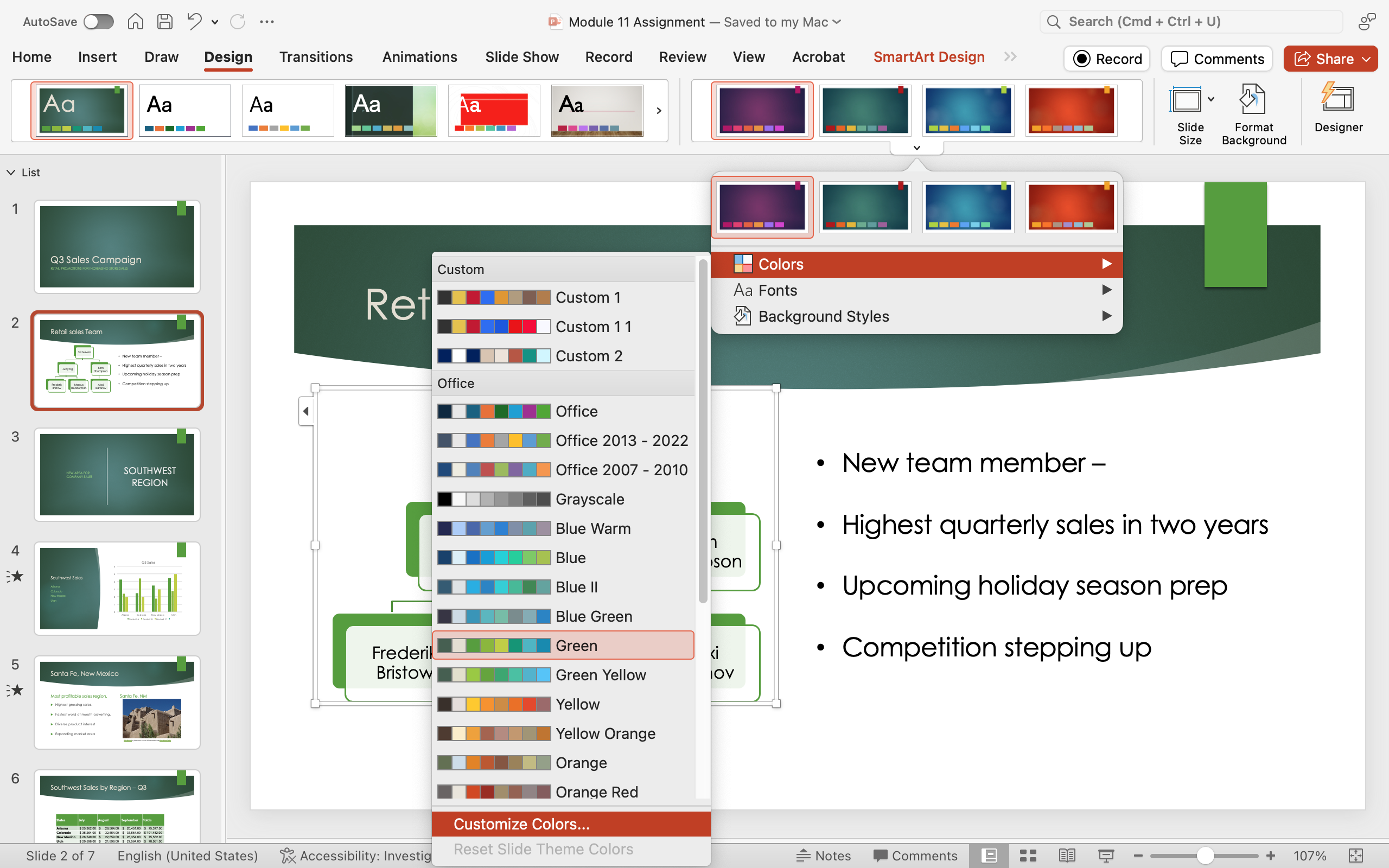 PowerPoint screenshot of open presentation with the color theme menu open to see and the Customize Color option highlighted.