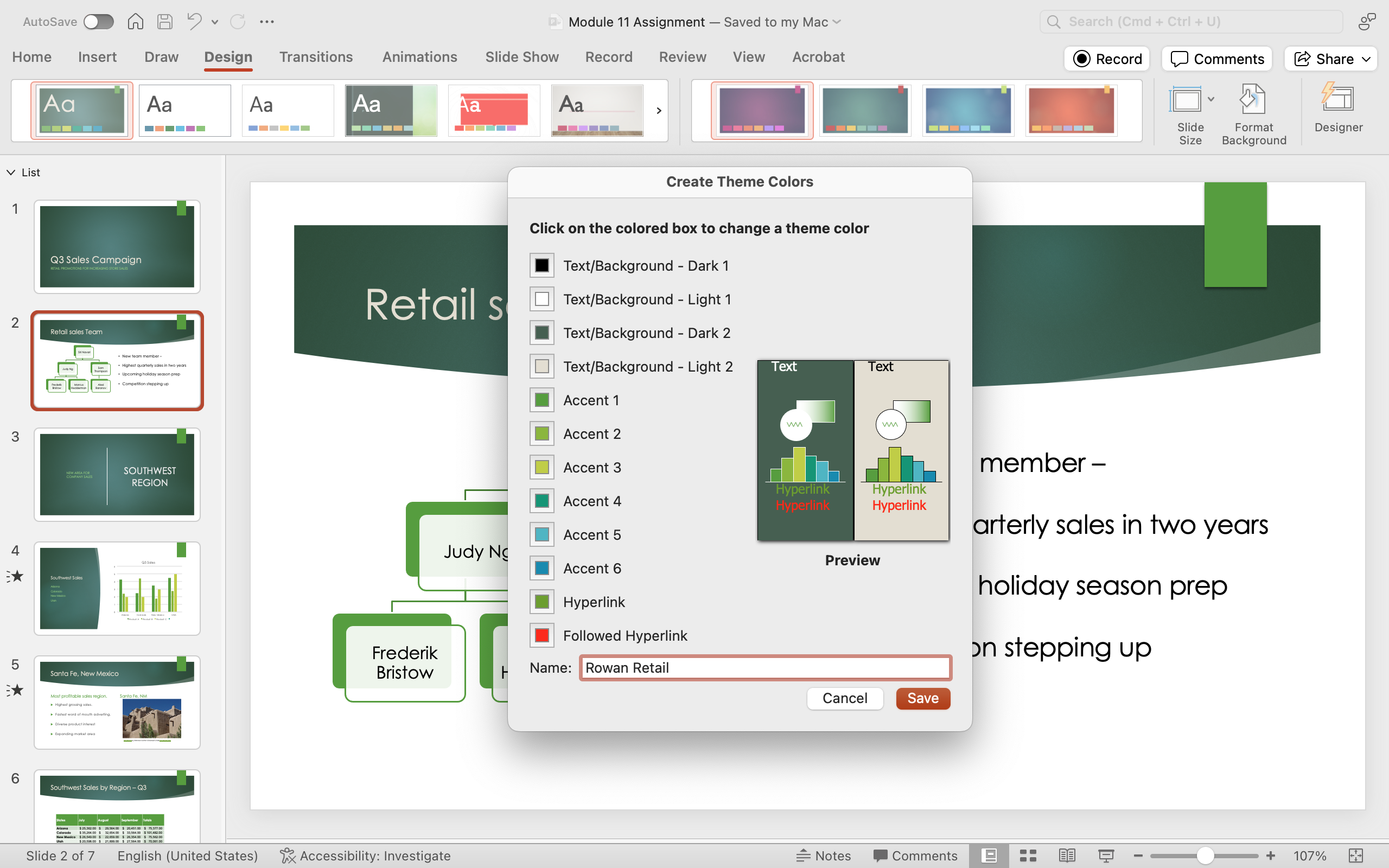 PowerPoint screenshot of open presentation with create new theme colors window open and a few areas displaying newly chosen colors.