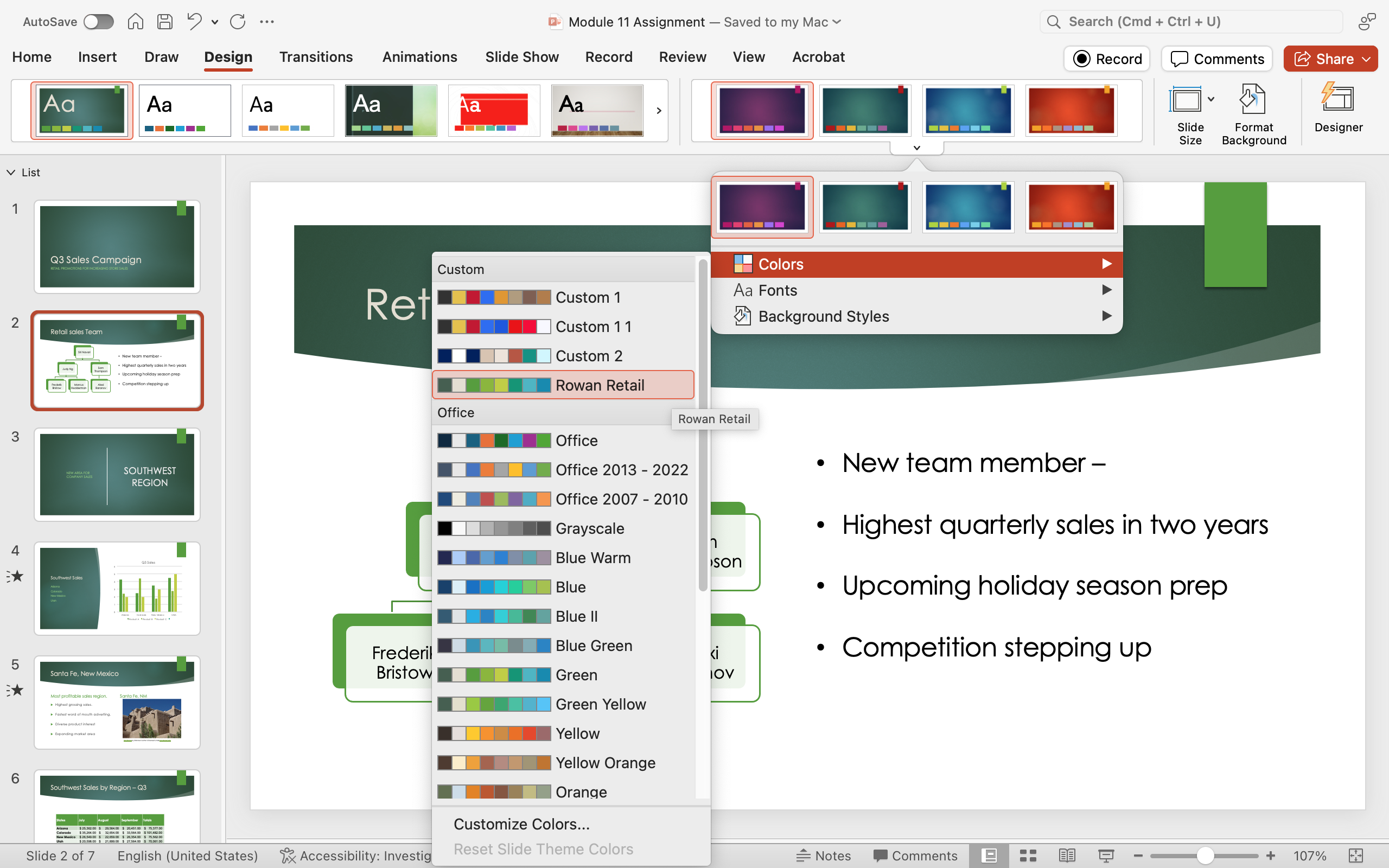 PowerPoint screenshot of open presentation with a new custom color theme selected and all of the slides now reflecting this color theme.