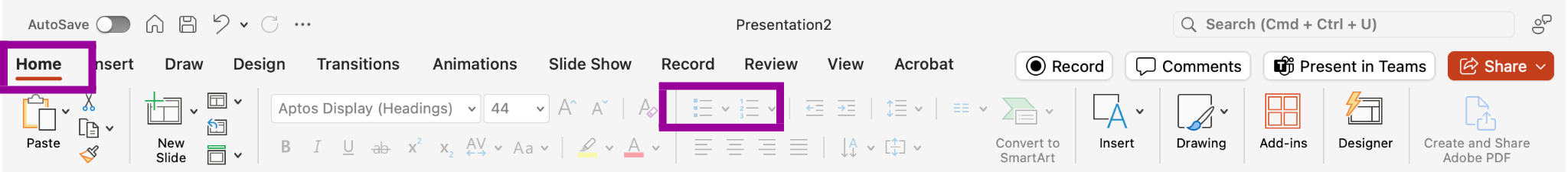 PowerPoint screenshot highlighting Home tab, bullet and number list buttons.