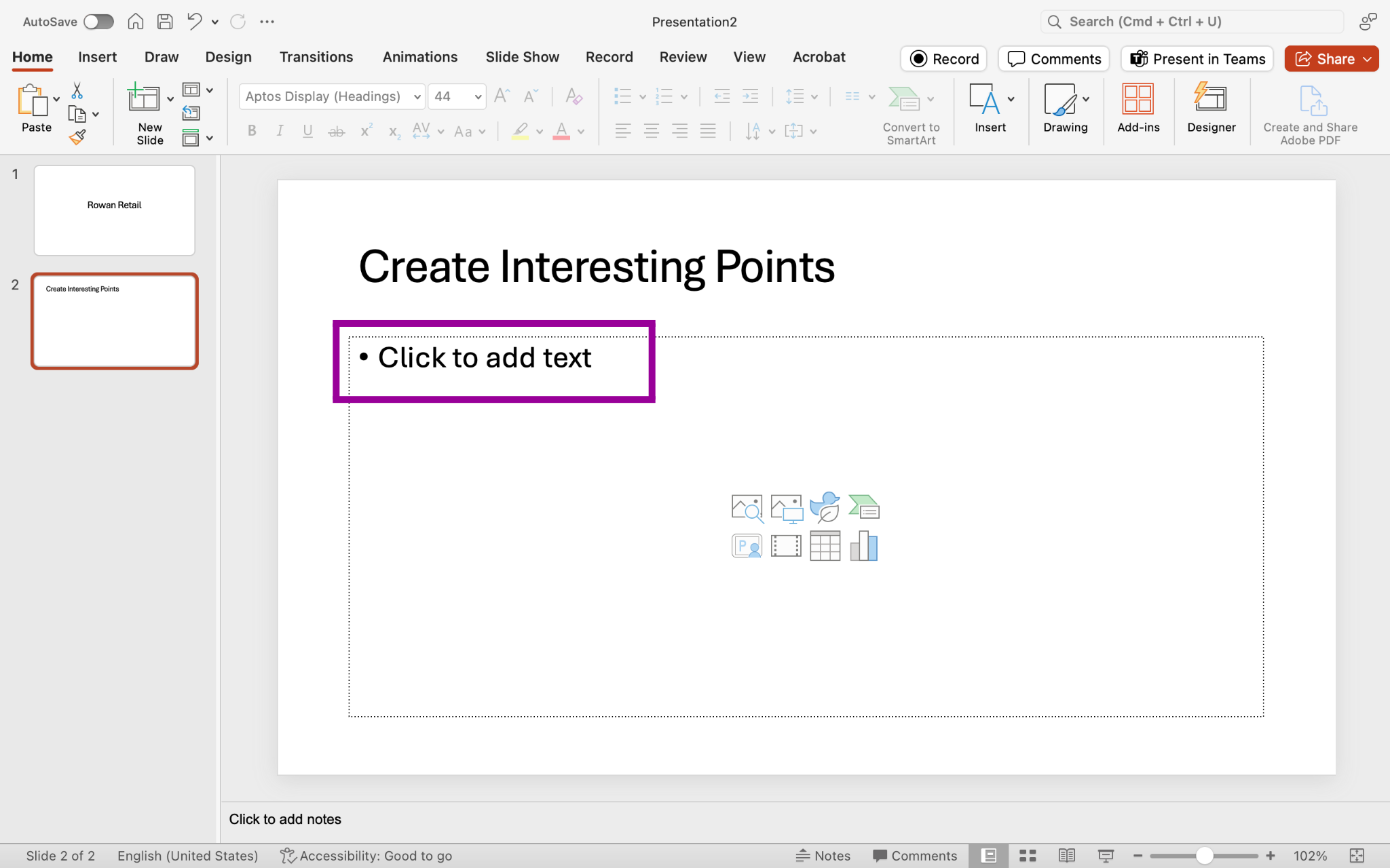 PowerPoint screenshot highlighting Home tab, and new slide waiting for bullet list to be typed into it.