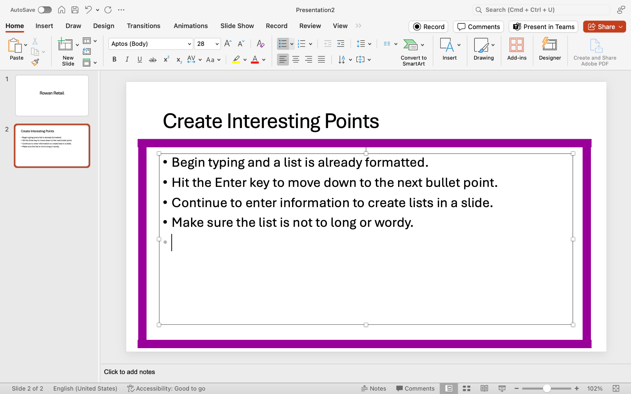 PowerPoint screenshot highlighting Home tab, and slide with new bullet list typed into it.