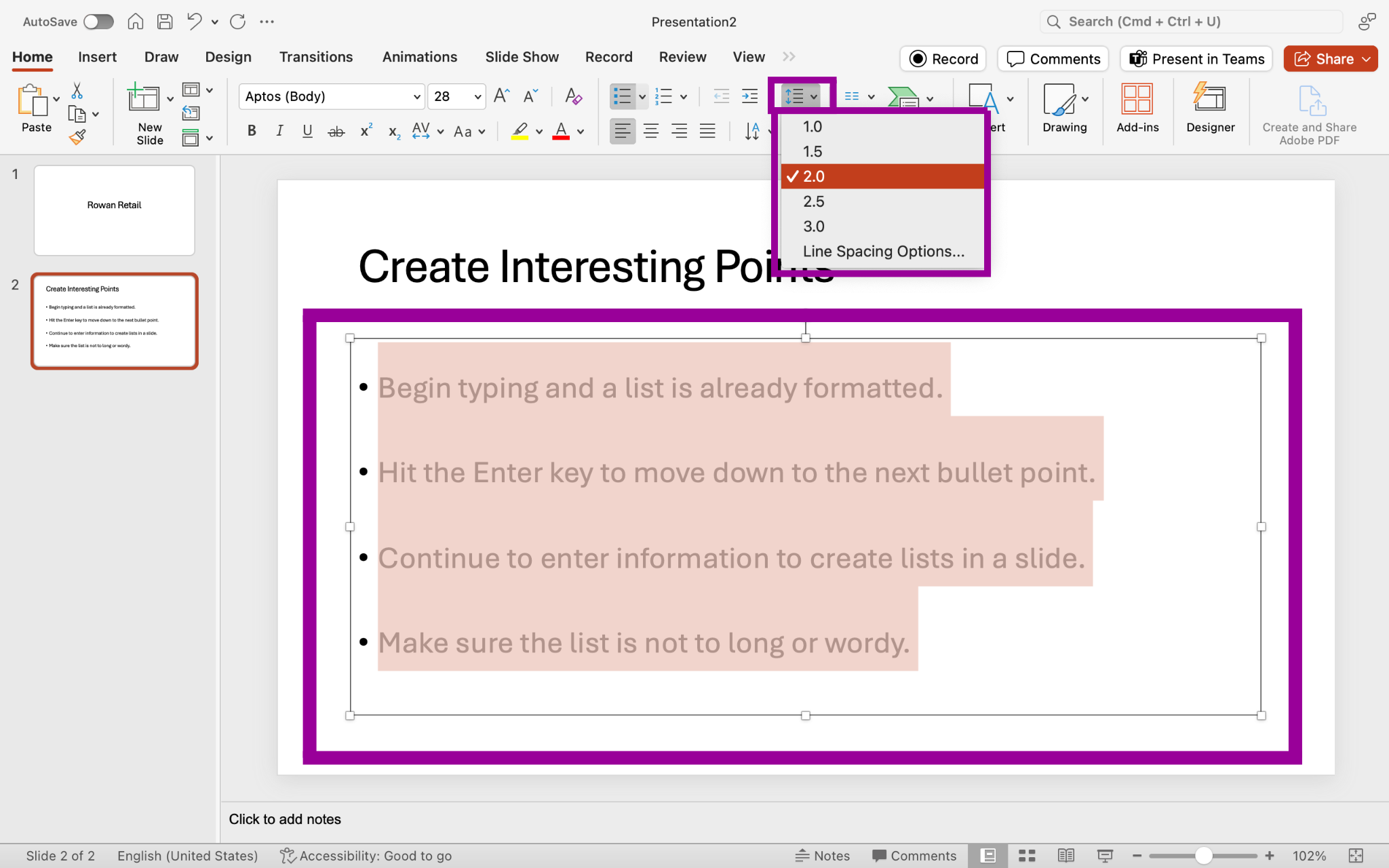 PowerPoint screenshot highlighting spacing button drop-down menu, 2.0 spacing highlighted, as well as Line Spacing Options selection highlighted.