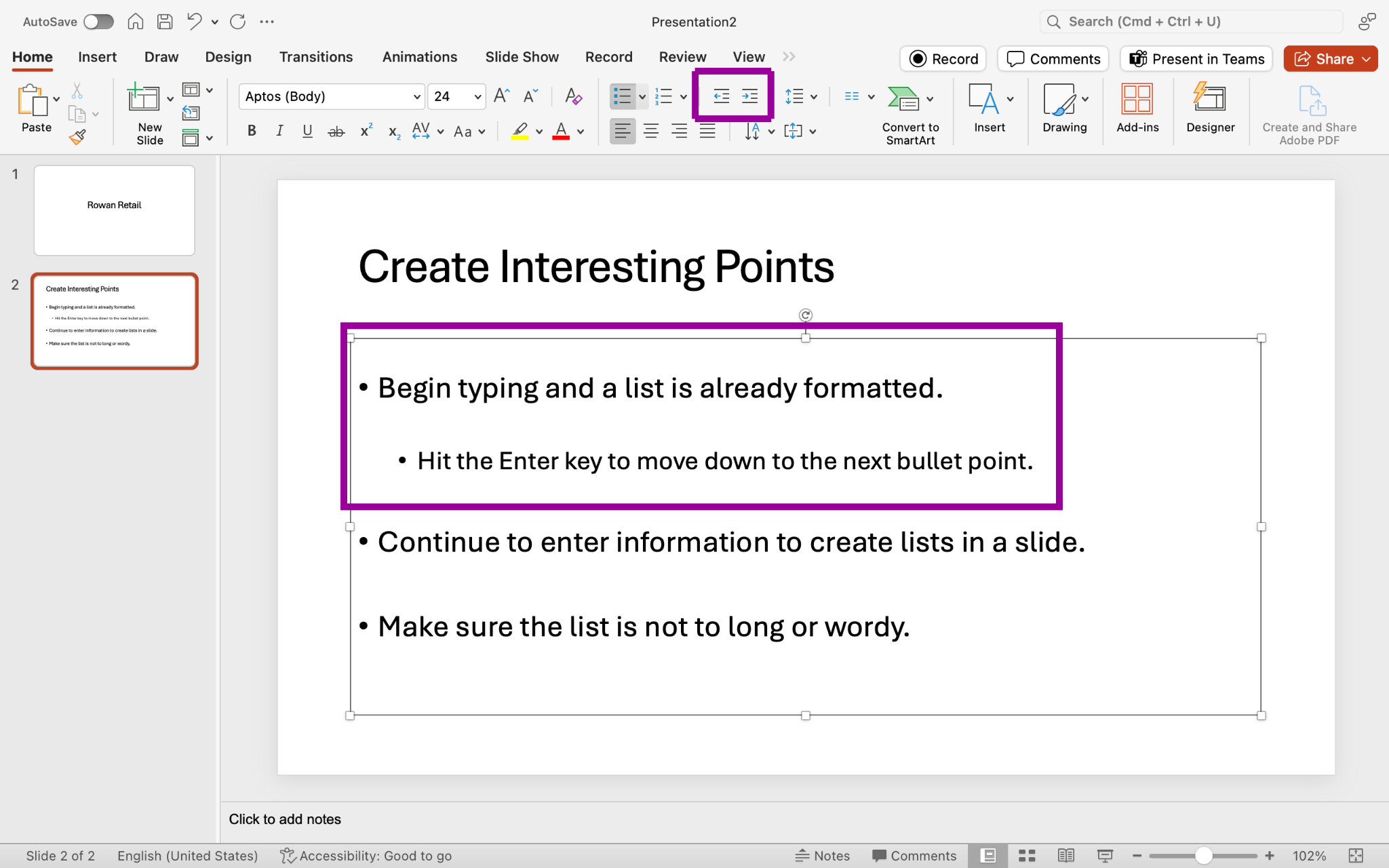 PowerPoint screenshot highlighting slide with bullet list and a sub-point typed into it.