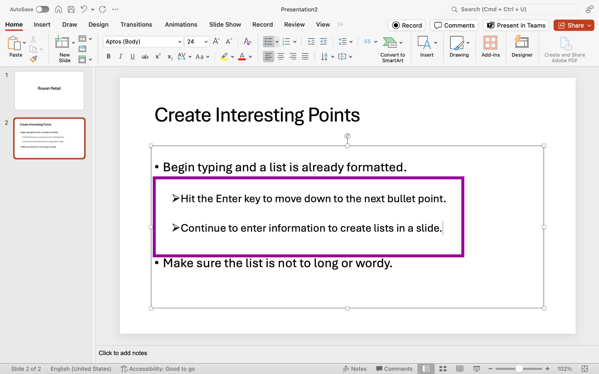 PowerPoint screenshot highlighting slide with bullet list and a sub-points typed in and the bullet point changed to arrows for the sub-points.