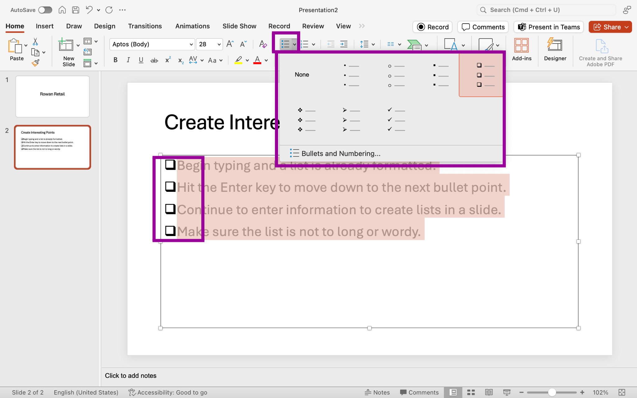 PowerPoint screenshot highlighting Home tab, slide with squares used for bullet point list.