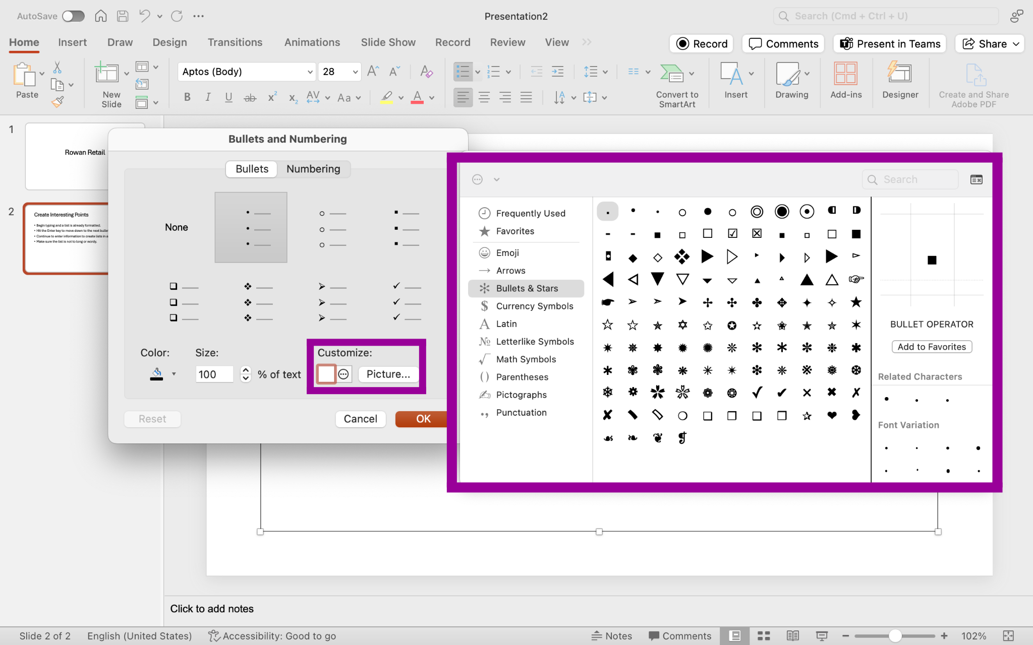 PowerPoint screenshot highlighting symbols window to use for a list.