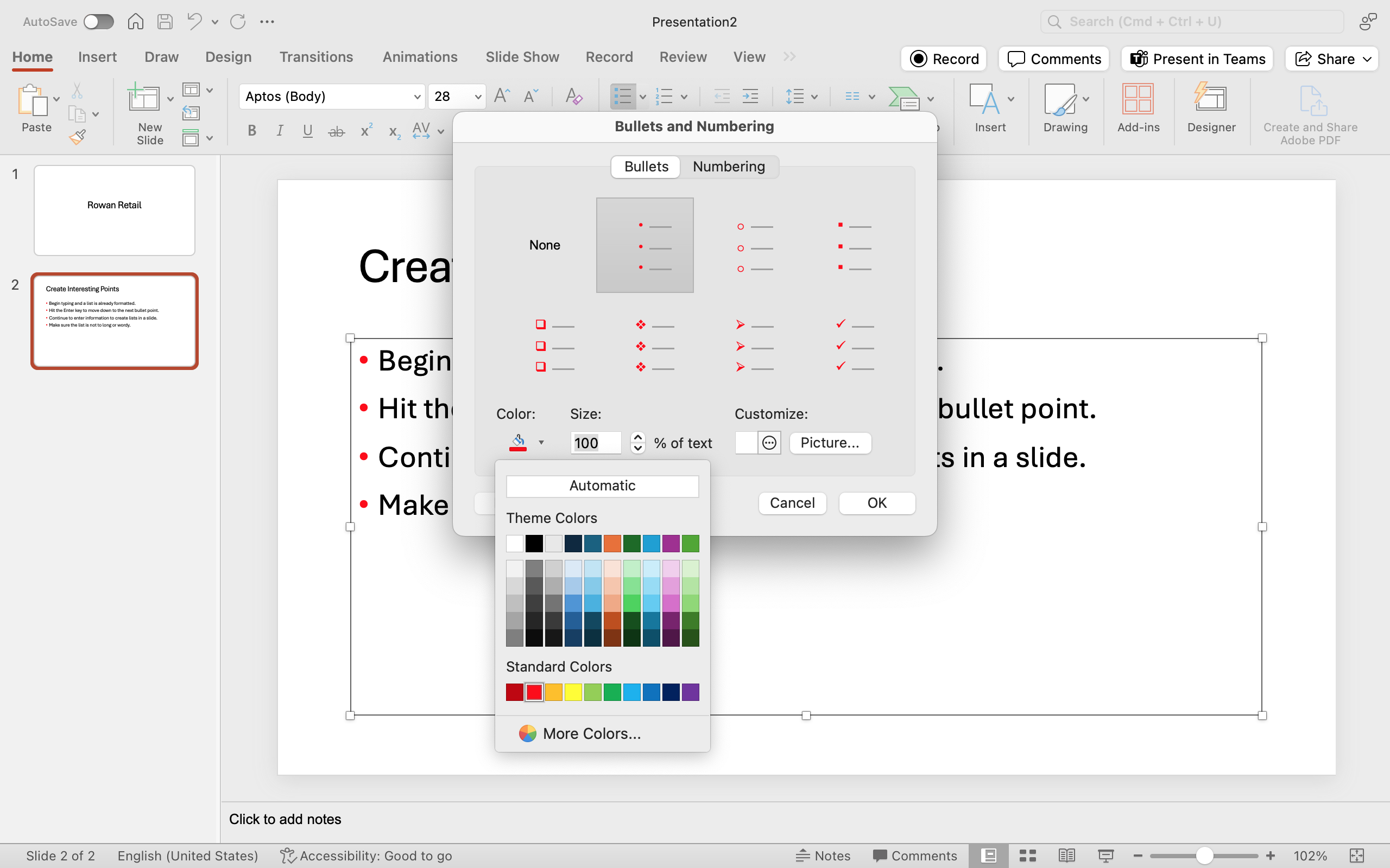 PowerPoint screenshot highlighting Bullets and Numbering window to use for a choosing a color to change the bullet points into in a slide list.
