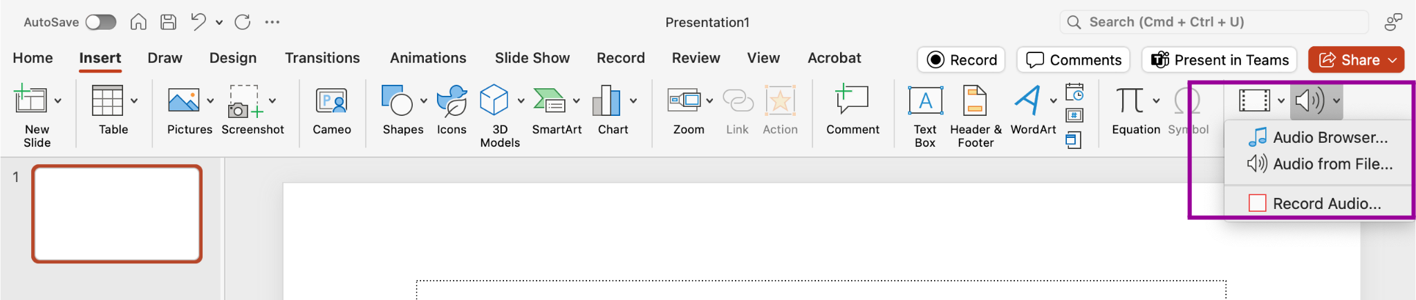 Screenshot of PowerPoint Insert Audio option on the ribbon.