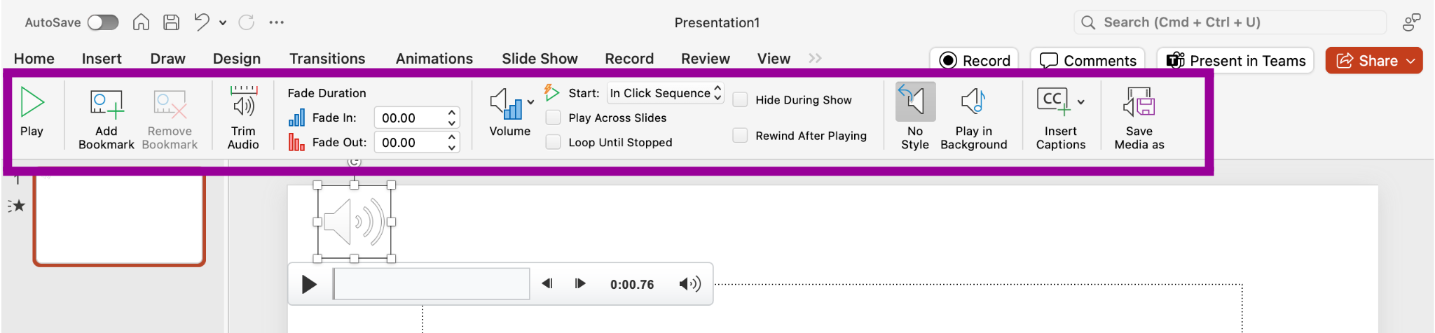 Screenshot of PowerPoint Audio Tools Playback tab of the ribbon.