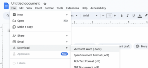 The image shows a blank open document in Google Docs. The screen is displaying the 'Download' menu which is expanded, showing options to download the document in different file formats: Microsoft Word (.docx), OpenDocument Format (.odt), Rich Text Format (.rtf), and PDF Document (.pdf).