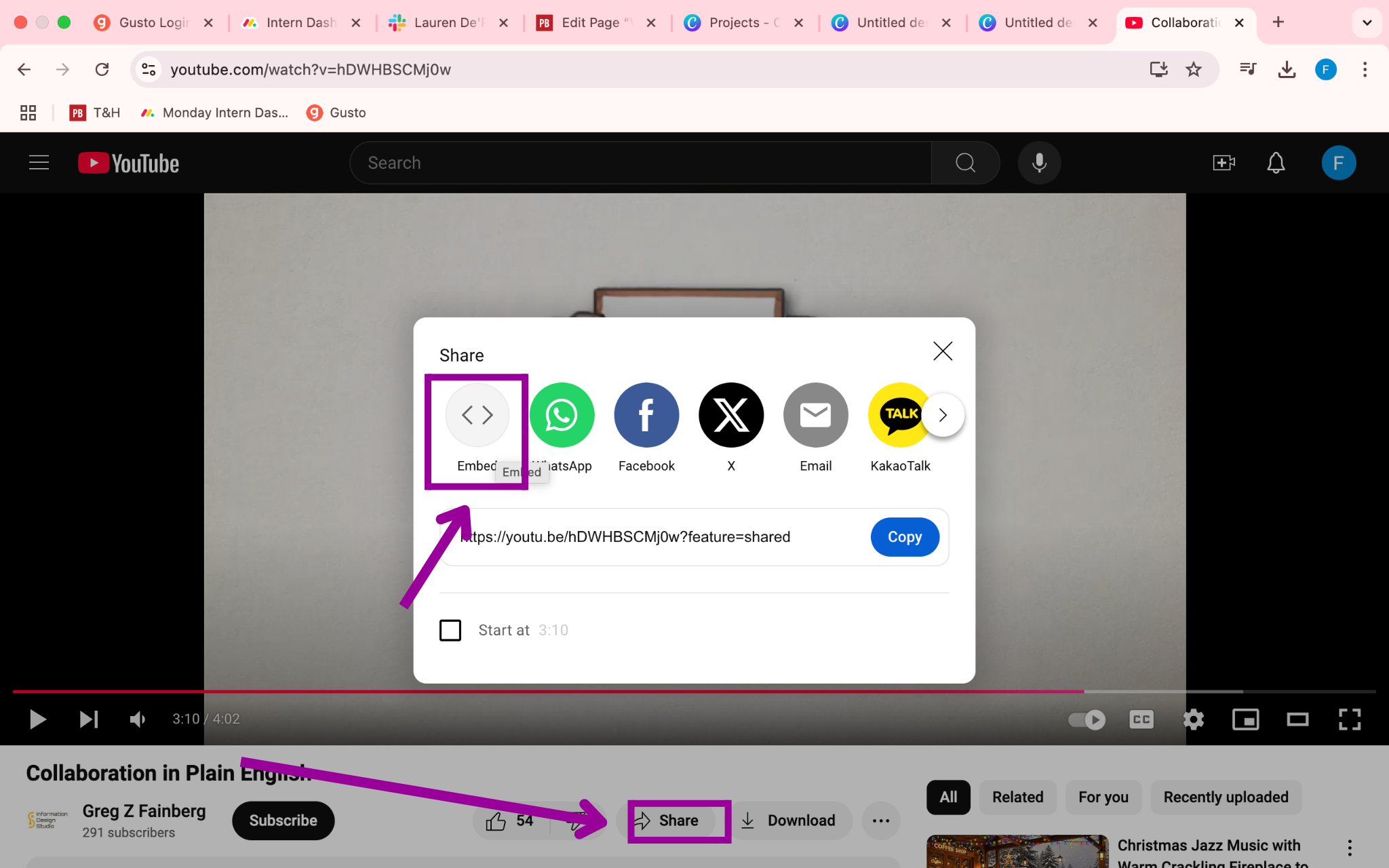 A Youtube video is open. There are two magenta arrows on the page showing how to share the video. The first arrow is pointing at the share button and the second button is pointing at the option to embed the video option.