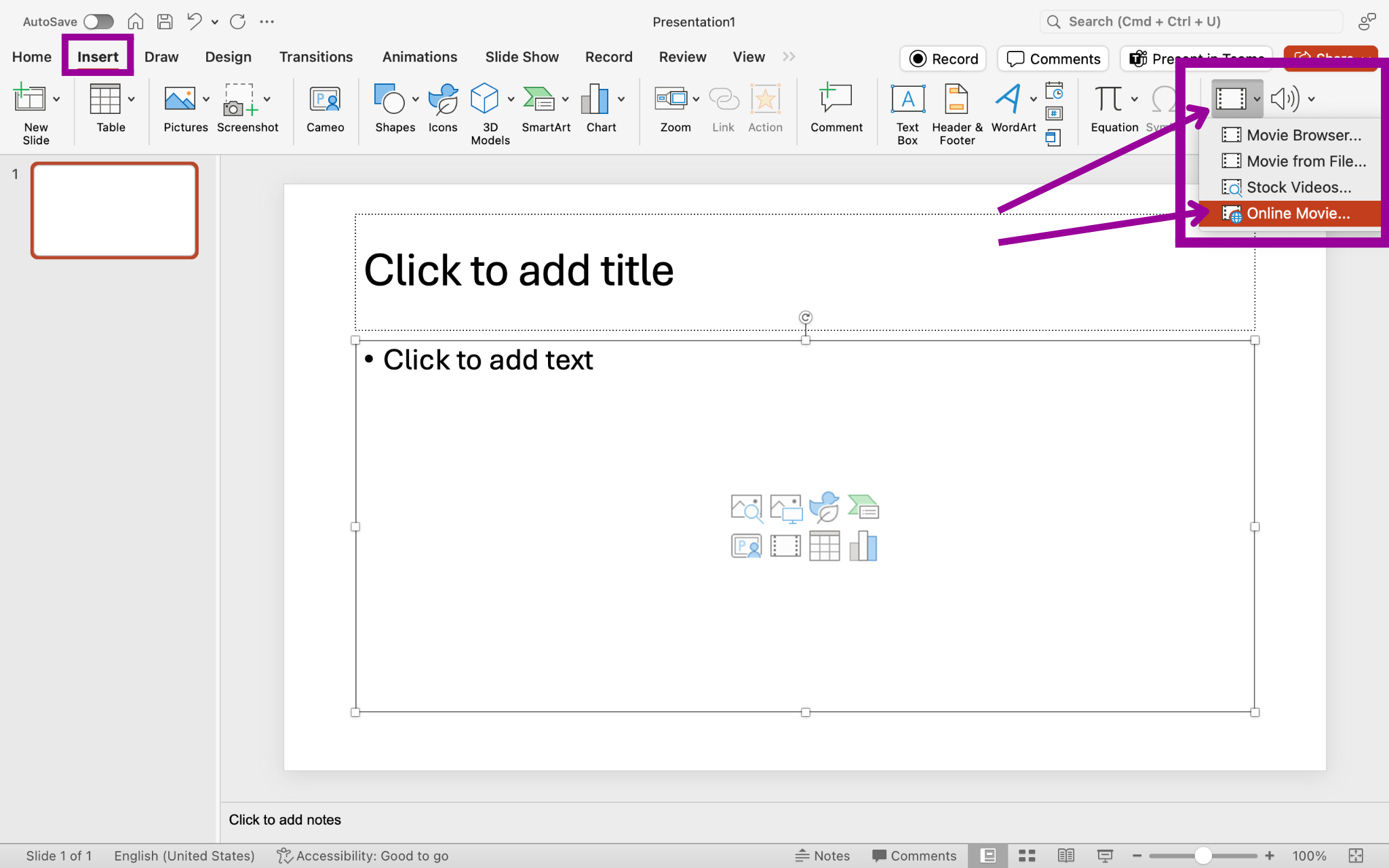 A Microsoft powerpoint is open. There are two magenta boxes and two arrows pointing at how to insert a video into the slide. The first box is around insert tab in the ribbon menu, the second shows how to insert a movie. The first arrow shows the insert movie option and the second arrow is pointing to the online movie option.
