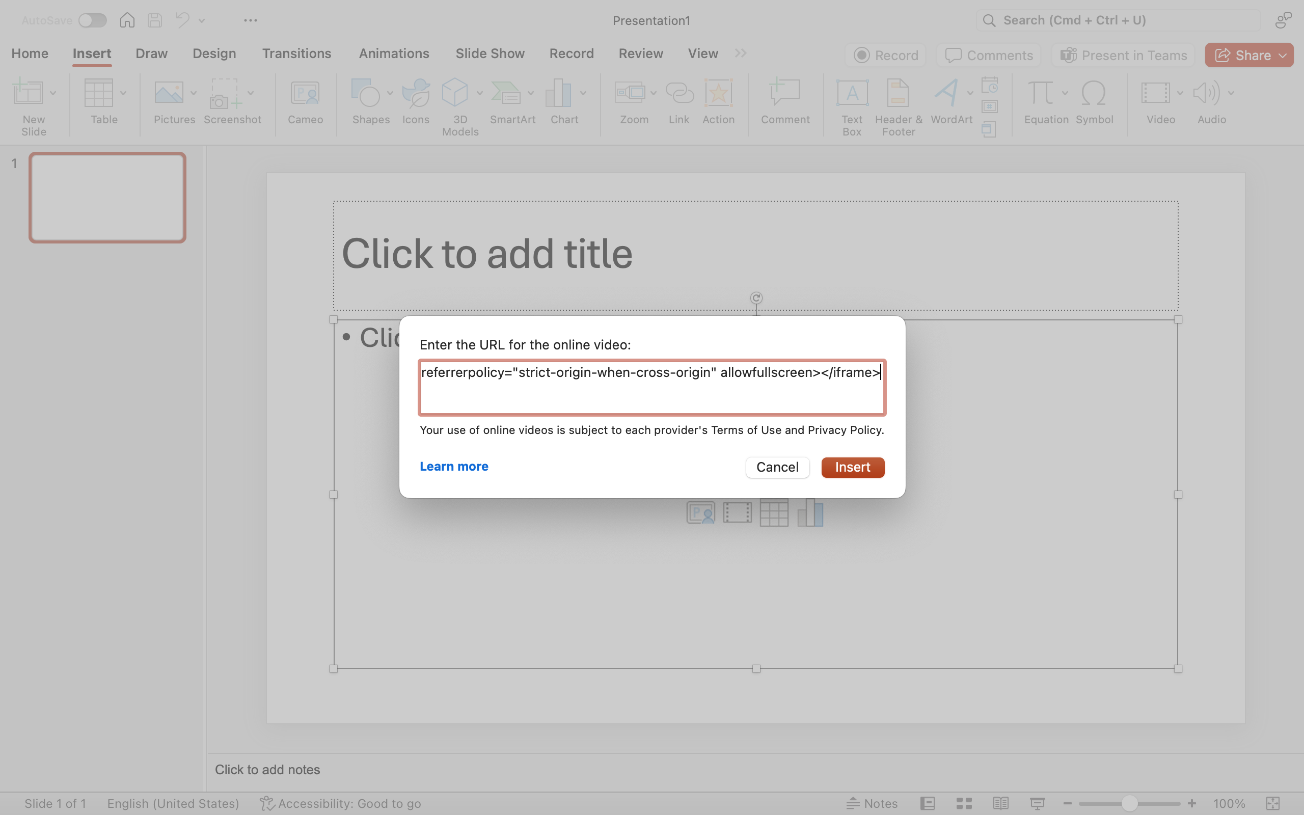 A Microsoft powerpoint is open. An insert video dialog box is open with the option to paste in a link.