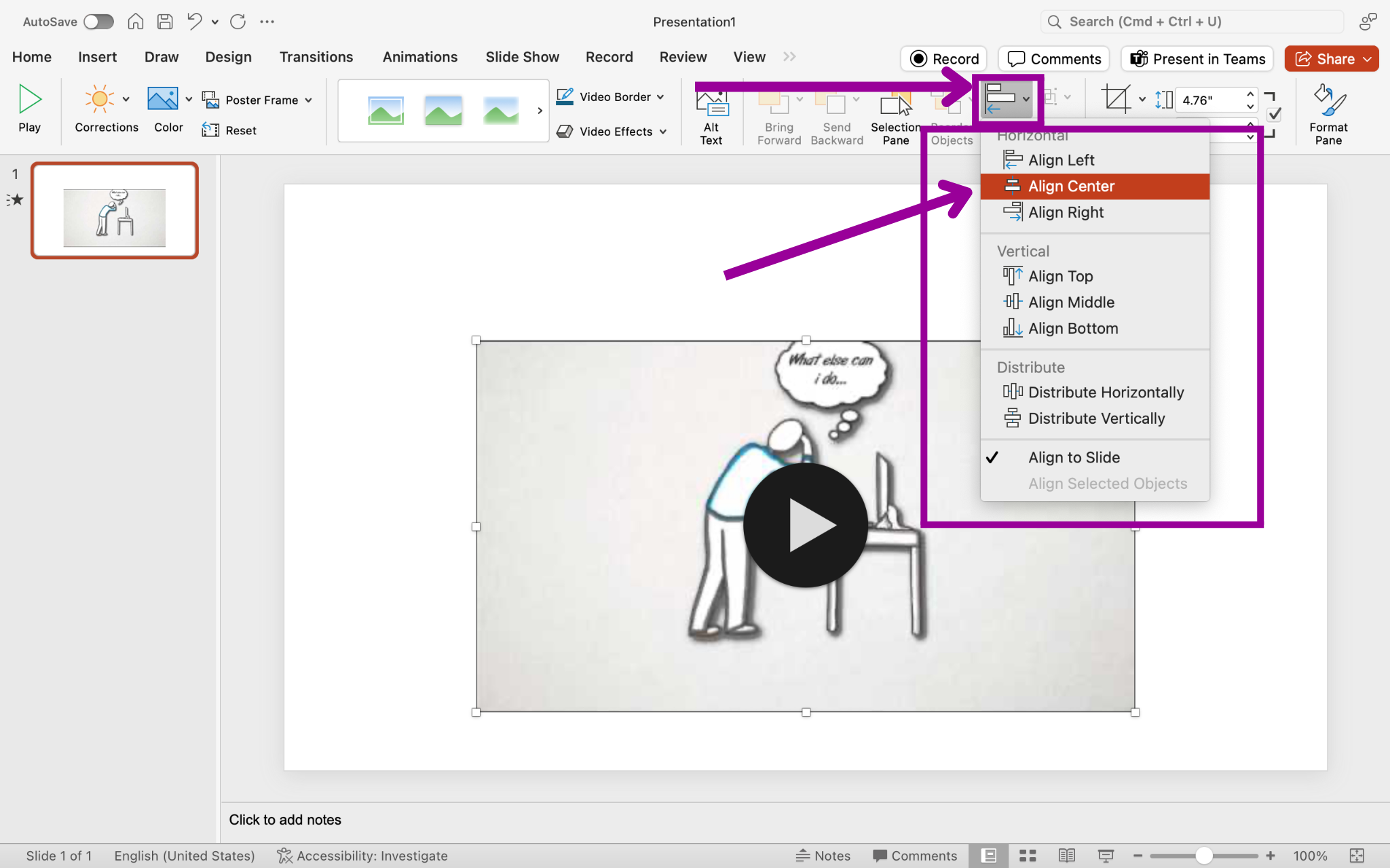 A Microsoft powerpoint is open. A video has been inserted. There are two magenta arrows on the slide, the first one is pointing at the align button under the format tab in the ribbon menu. The second shows that the video is set to be aligned to the center.