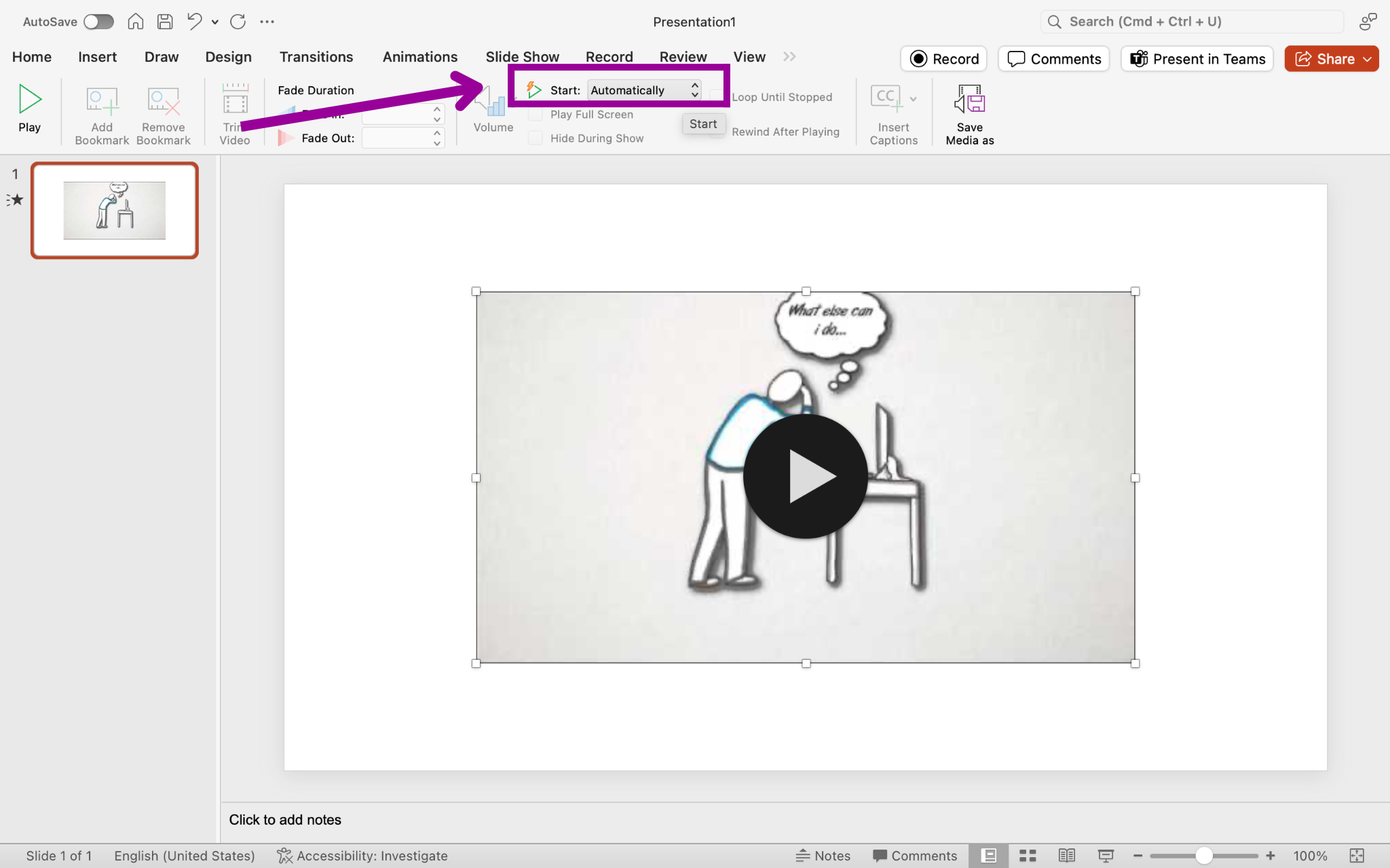A Microsoft powerpoint is open. A video has been inserted. The magenta pointed at the start button to tell the slide when to play the video. The magenta box shows that the video is set to be played automatically as soon as the slide comes up.