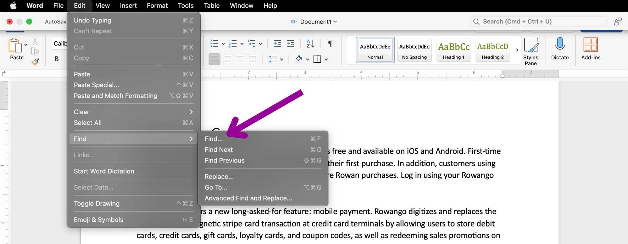 A blank Microsoft Word document is open and is zoomed in on the ribbon menu. A large magenta arrow is pointing towards the editing feature and a dropdown menu has been opened leading to six new options. 1.) Find 2.) Find Next 3.) Find Previous 4.) Replace 5.) Go To 6.) Advanced Find and Replace