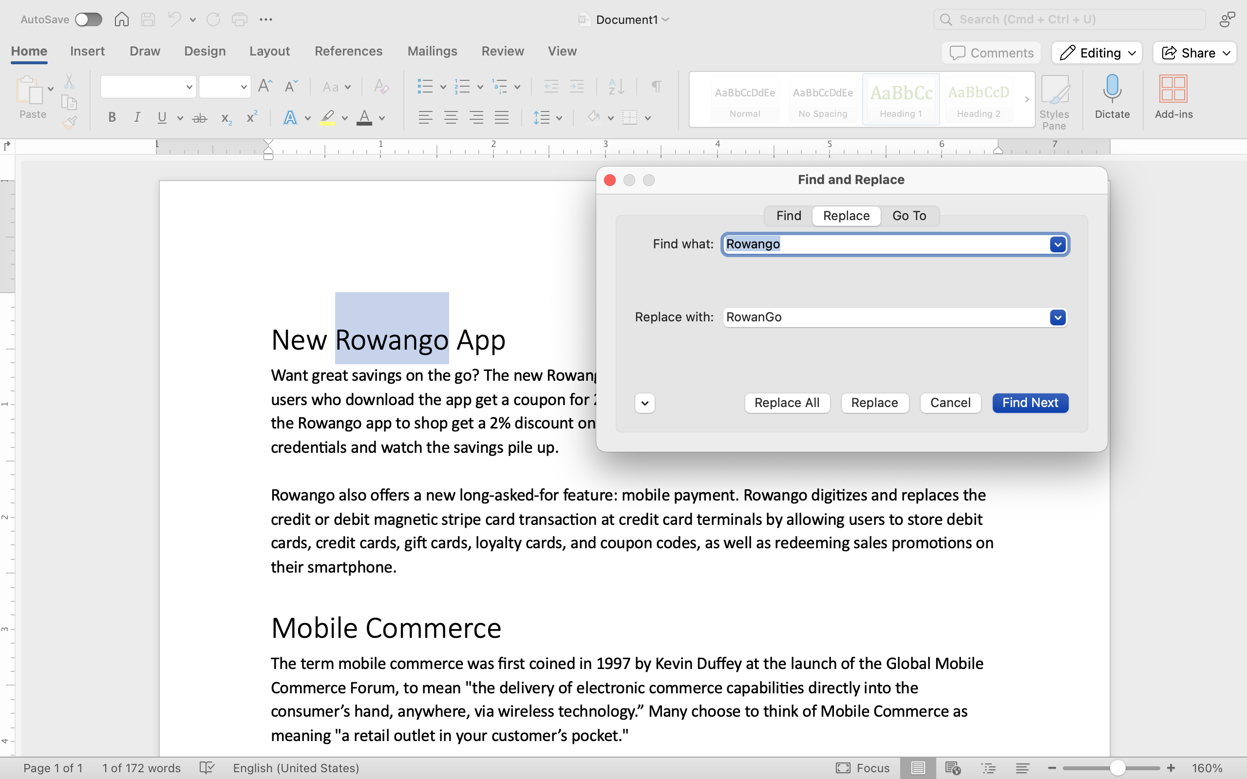 A Microsoft Word document is open with text on it. A find and replace dialog box has been opened. It is on the replace tab of the menu and two edits have been made. In the "Find What" box "Rowango" has been typed and in the "Replace With" box "RowanGo" has been inserted.