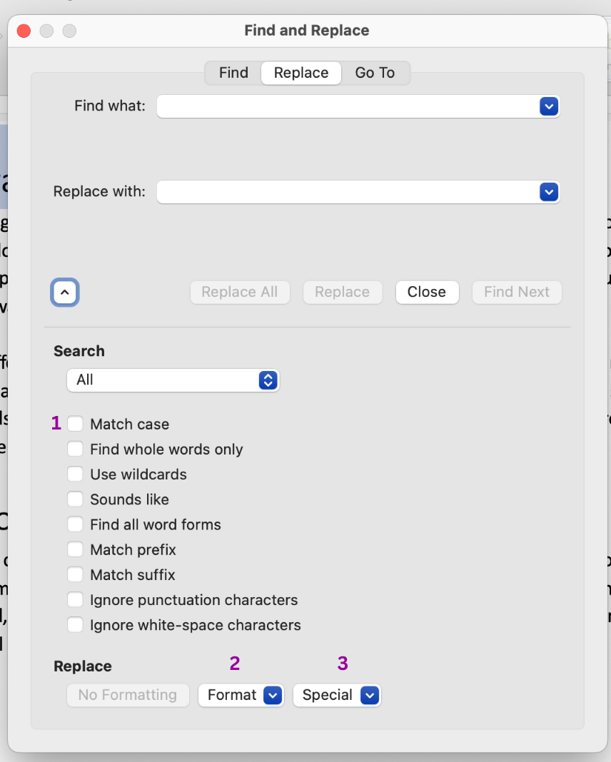 A find and replace dialog box has been opened. It is on the replace tab of the menu and two edits have been made. In the "Find What" box "Rowango" has been typed and in the "Replace With" box "RowanGo" has been inserted. There are three magenta numbers in specific points in the dialog box as well. The first one is next to the match case option. The second is next to the format button. The third is demonstrating where the special button can be located.