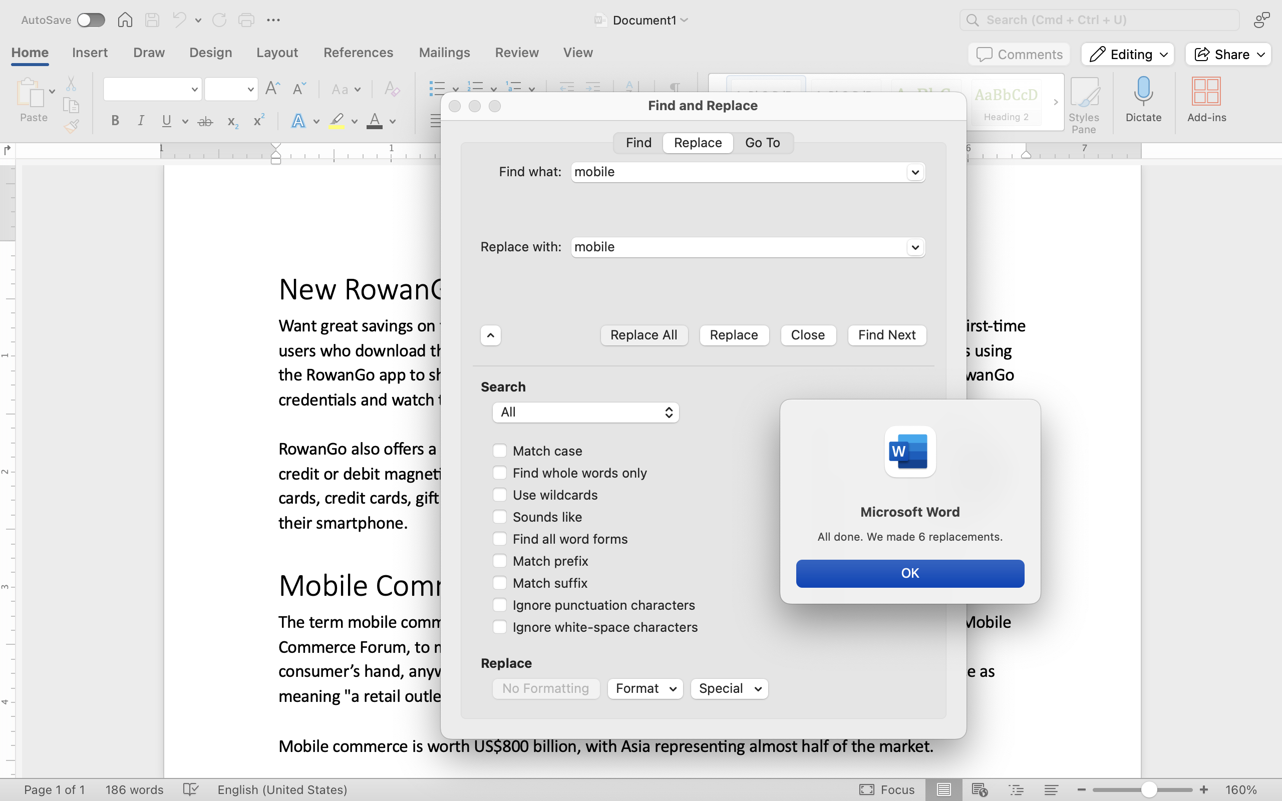 A Microsoft Word document is open with text on it. A find and replace dialog box has been opened. It is on the replace tab of the menu and two edits have been made. In the "Find What" box "mobile" has been typed and in the "Replace With" box "mobile" has been inserted. In the format section font has been turned to bold and the font color has been changed to green. On the document 28 areas have been highlighted in green, each representing where the replacements have been made.