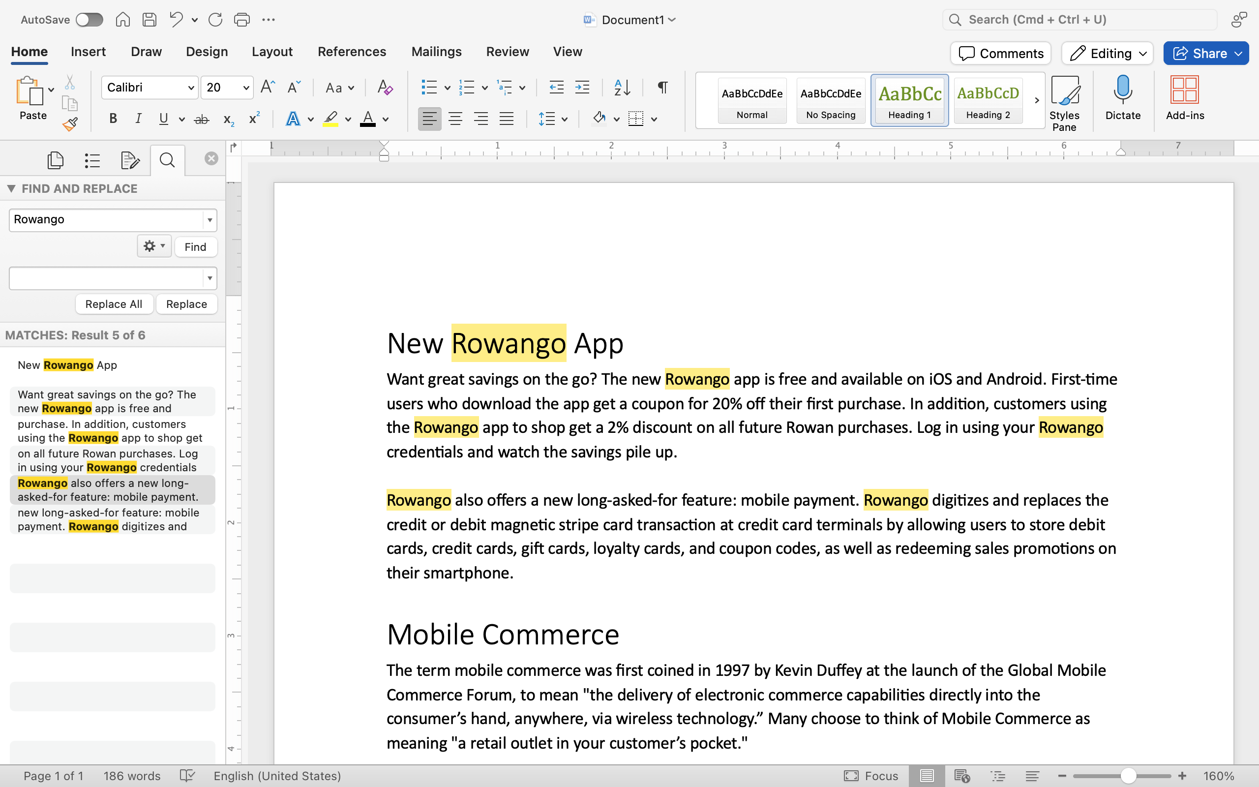 A Microsoft Word document is open with text on it. On the left hand side of the document the navigation feature has been opened. In the search box the word "Rowing" has been typed. As a result all six instances where that word can be found are highlighted in a mustard yellow.