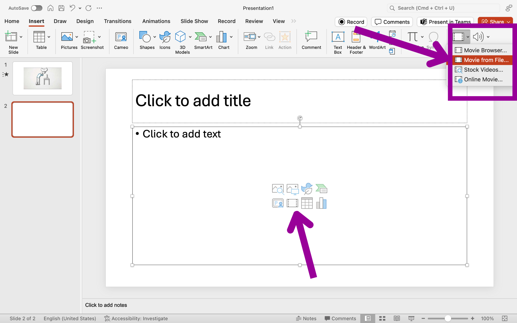 A Microsoft powerpoint is open. An insert video drop down is open with four options. The second option has been selected which is to choose a video from the computers files. A magenta arrow points at the browse button.