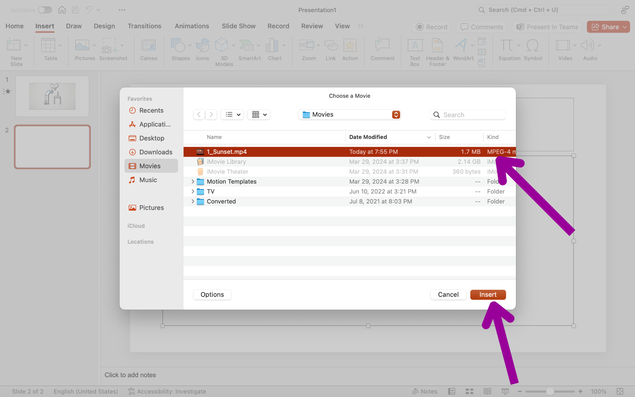 A Microsoft powerpoint is open. An insert video dialog box is open showing video files on the computer. There are two magenta arrows, one is pointing at the video that has been selected and the other at the insert button.