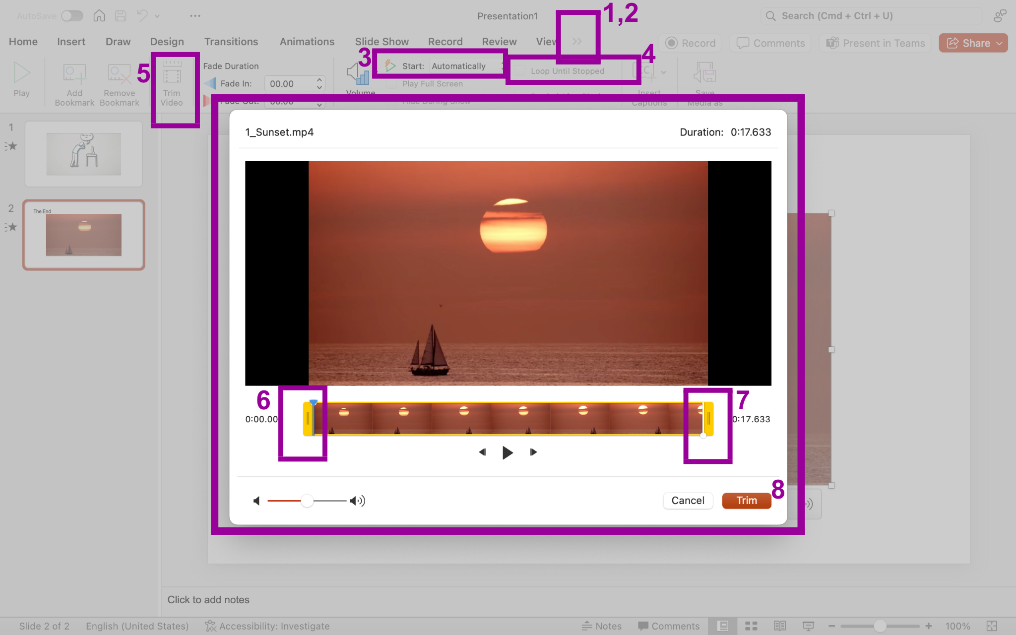 A Microsoft powerpoint is open. A video on the second slide has been inserted. There are 8 numbers showing different aspected of insuring the video into the powerpoint. The first shows where the video tools button is, the second shows where the playback tab is found, the third displays the start button, the fourth shows the loop until stopped feature, the fifth shows how to trim the video, the sixth points at where the start time toggle button is, while the seventh shows where the end time toggle button is and finally the eighth shows the ok button.