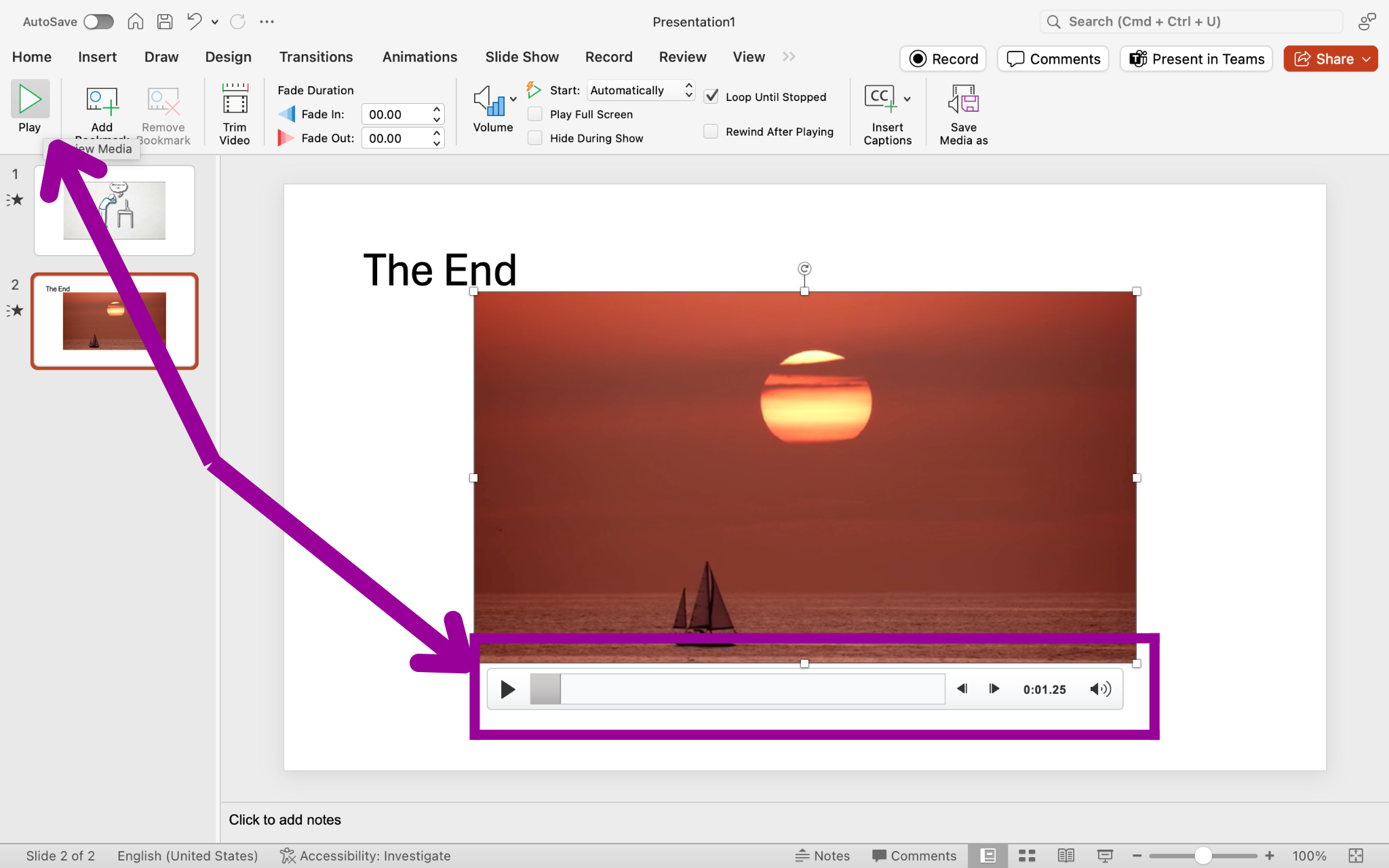 A Microsoft powerpoint is open. A video on the third slide has been inserted. Two magenta arrows show the two places where you can play the video.