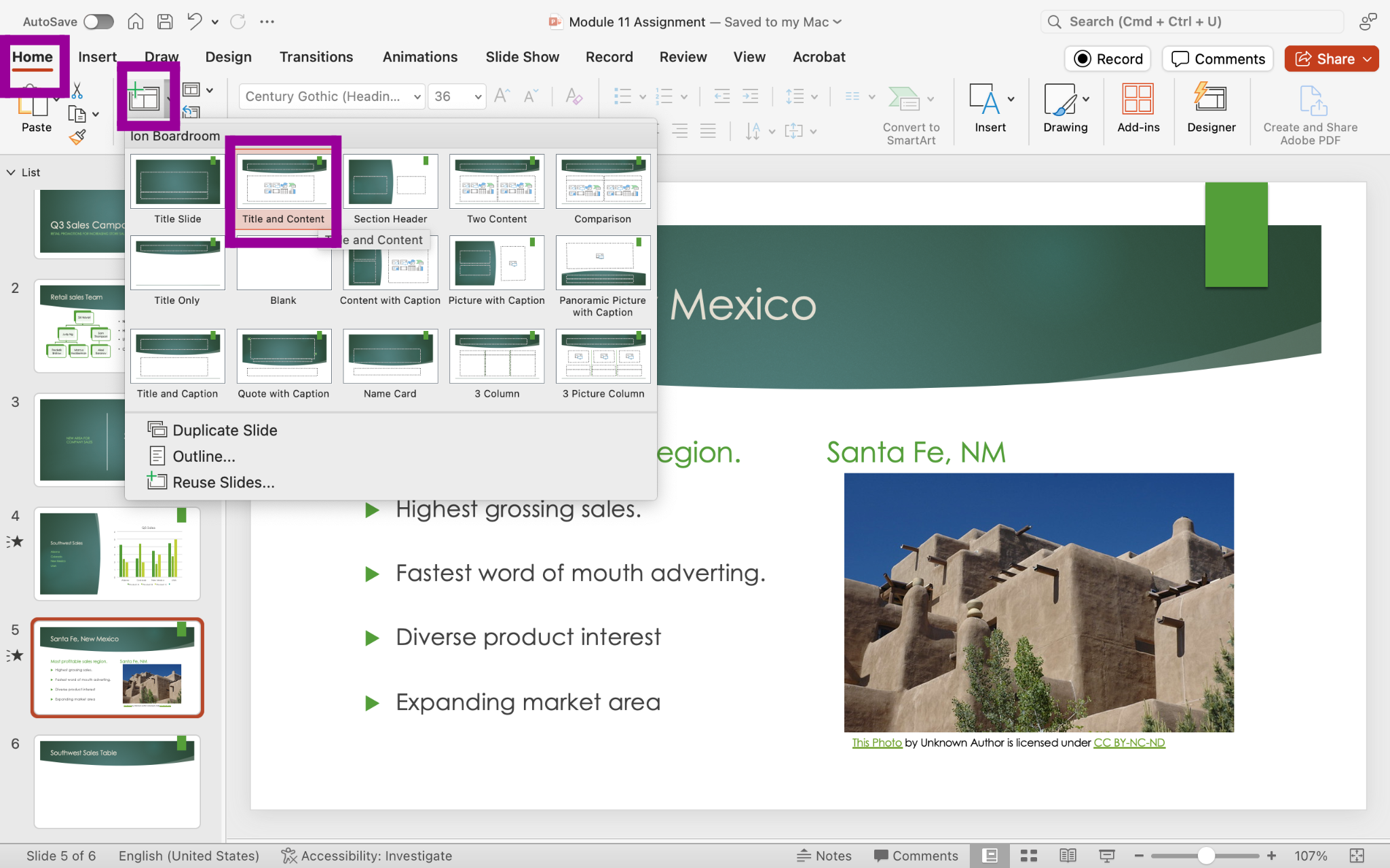 PowerPoint screenshot of open presentation highlighting how to insert a new slide for a table.