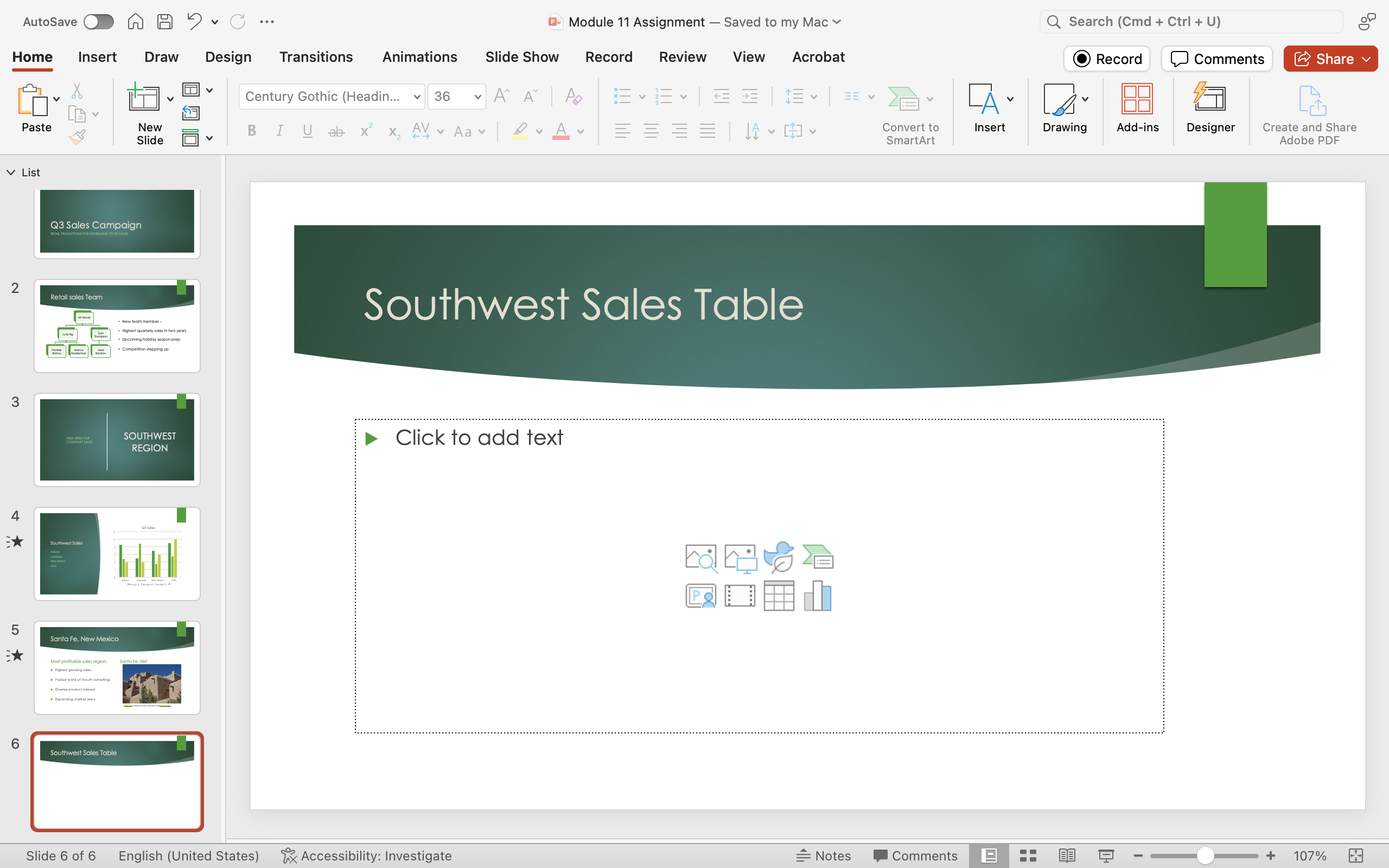 PowerPoint screenshot of open presentation with a new slide ready for adding a table.