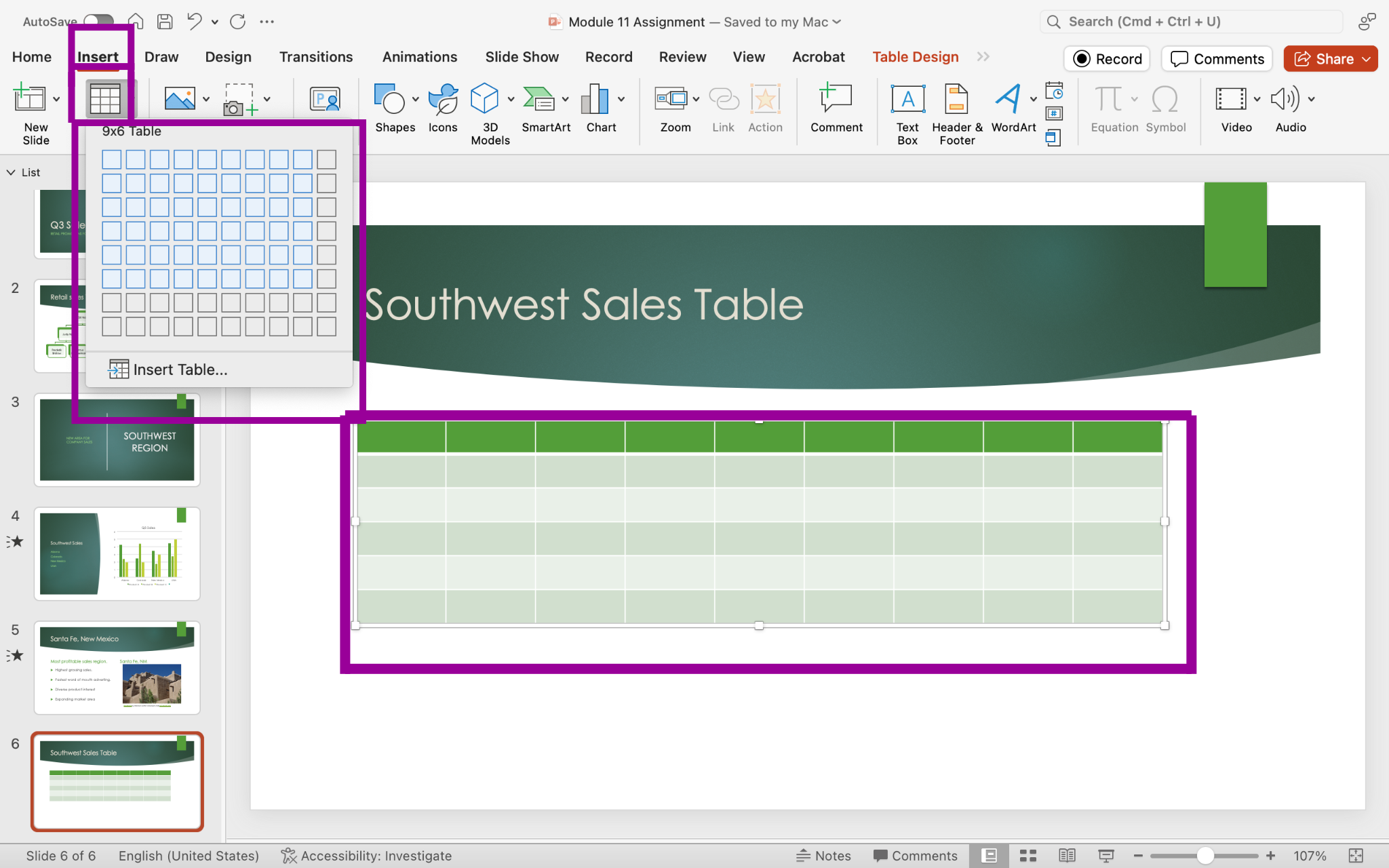 PowerPoint screenshot of open presentation with a new slide and the insert table process where a new table is added by highlighting a number of cubes.