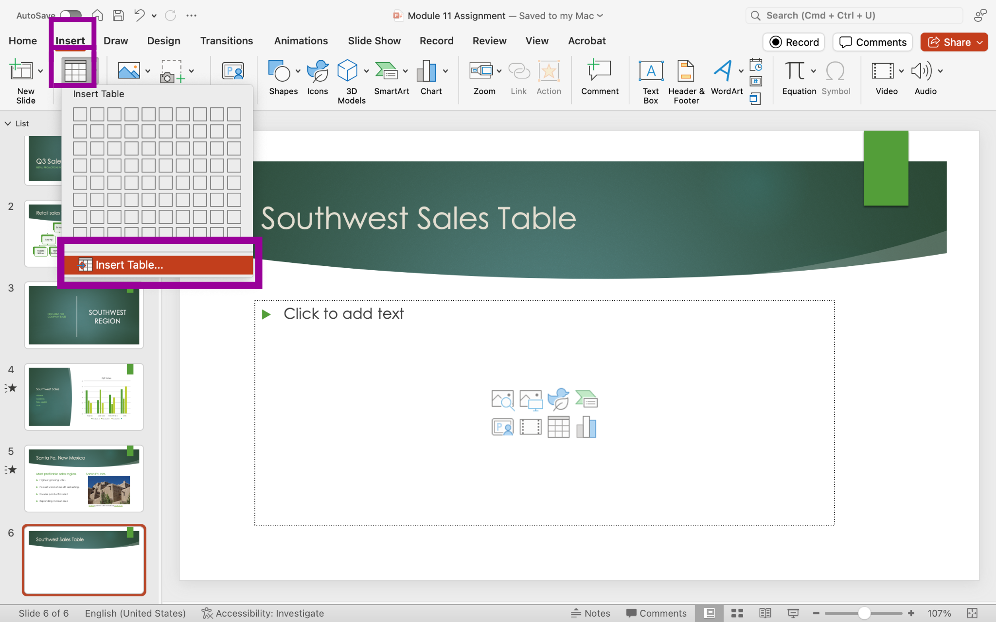 PowerPoint screenshot of open presentation with a new slide and the insert table process where a new table is added by insert table button.
