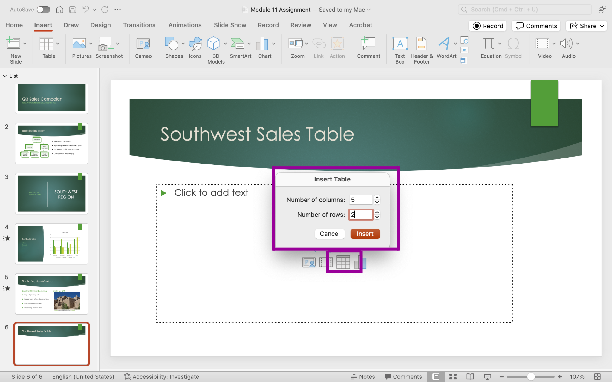 PowerPoint screenshot of open presentation with a new slide and the insert table process where a new table dialog box is open with suggested row and column numbers.
