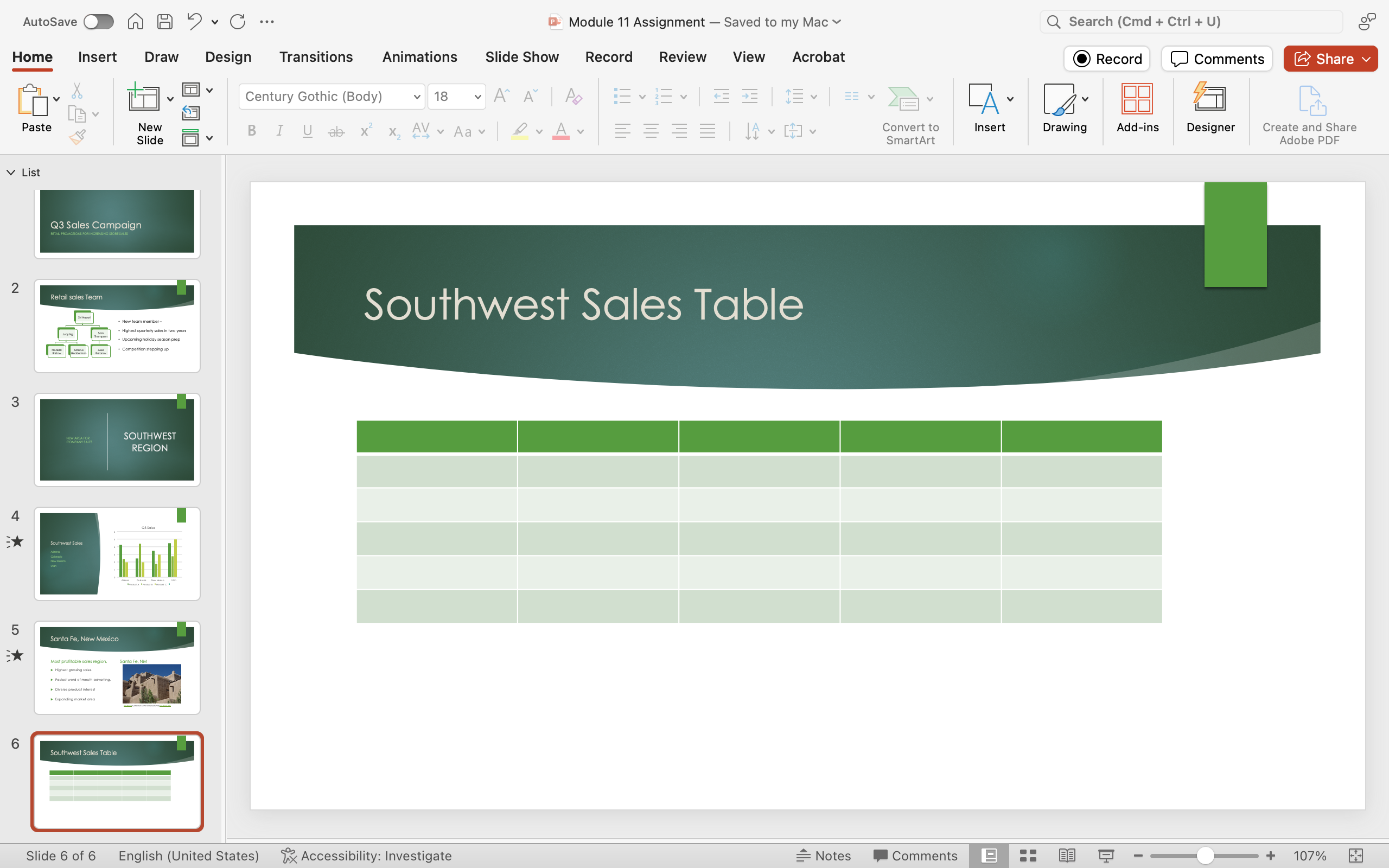 PowerPoint screenshot of open presentation with a new slide and the new empty table inserted into slide.