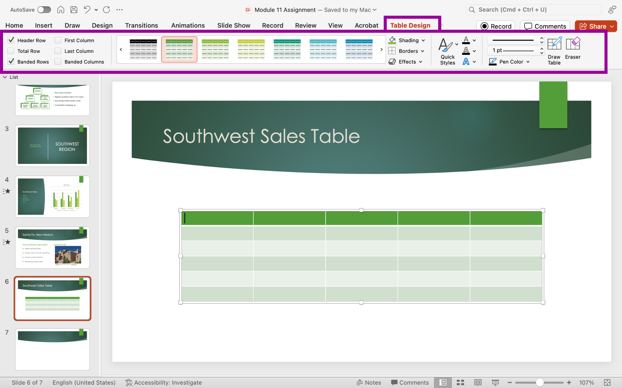 PowerPoint screenshot of open presentation with a new inserted table being drawn into the slide with highlighted Table design tab.