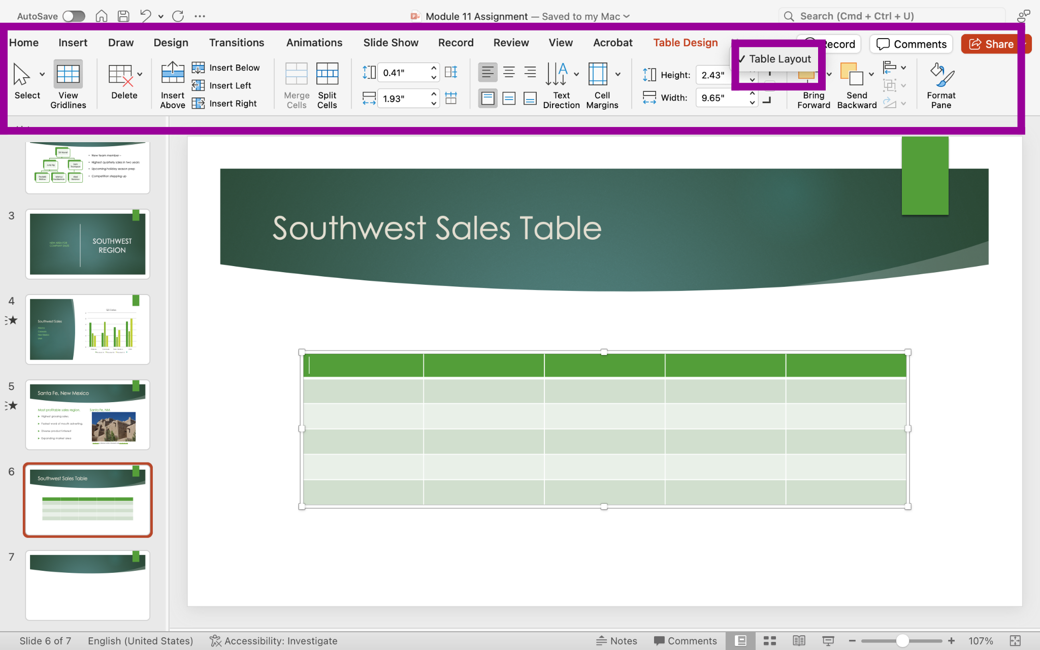 PowerPoint screenshot of open presentation with a new inserted table being drawn into the slide with options in layout tab.