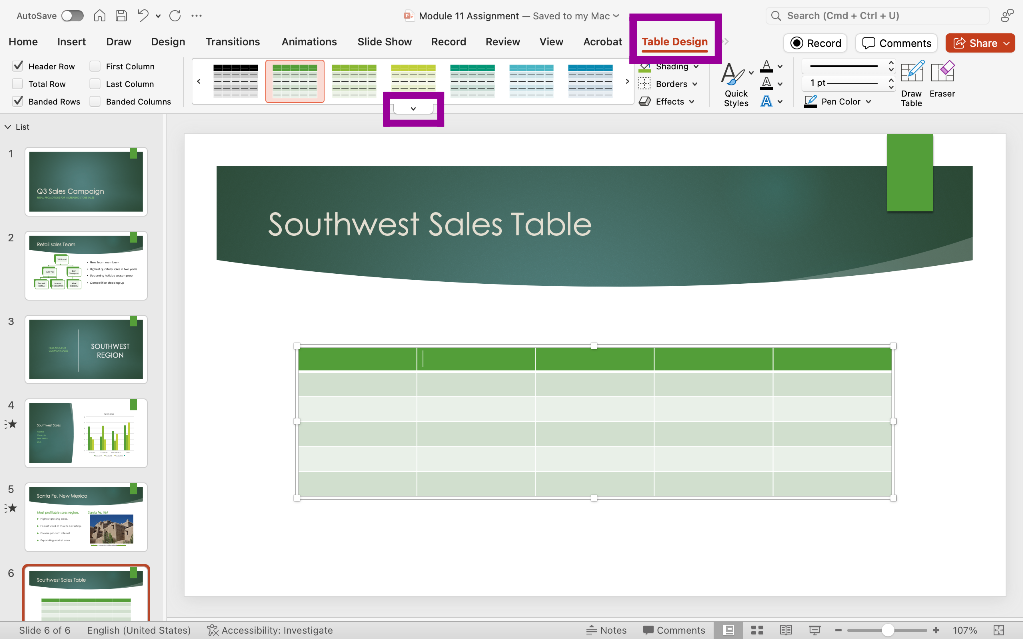 PowerPoint screenshot of open presentation with a new slide and the new empty table inserted into slide.