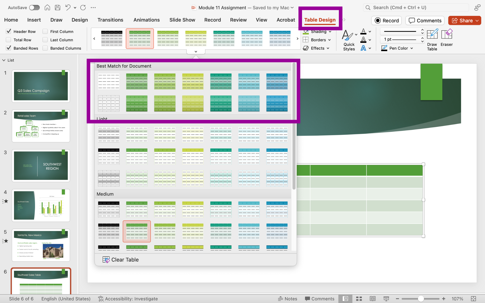 PowerPoint screenshot of Table Design tab showing best match of table style choices in a drop-down menu.