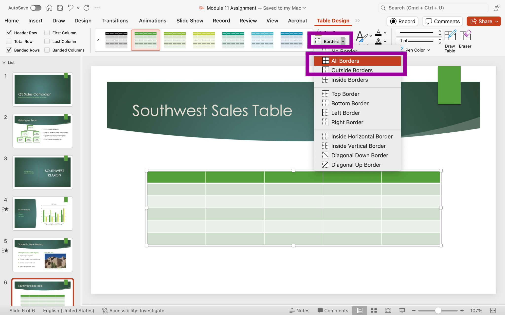PowerPoint screenshot of Table Design tab showing border options in drop-down menu.