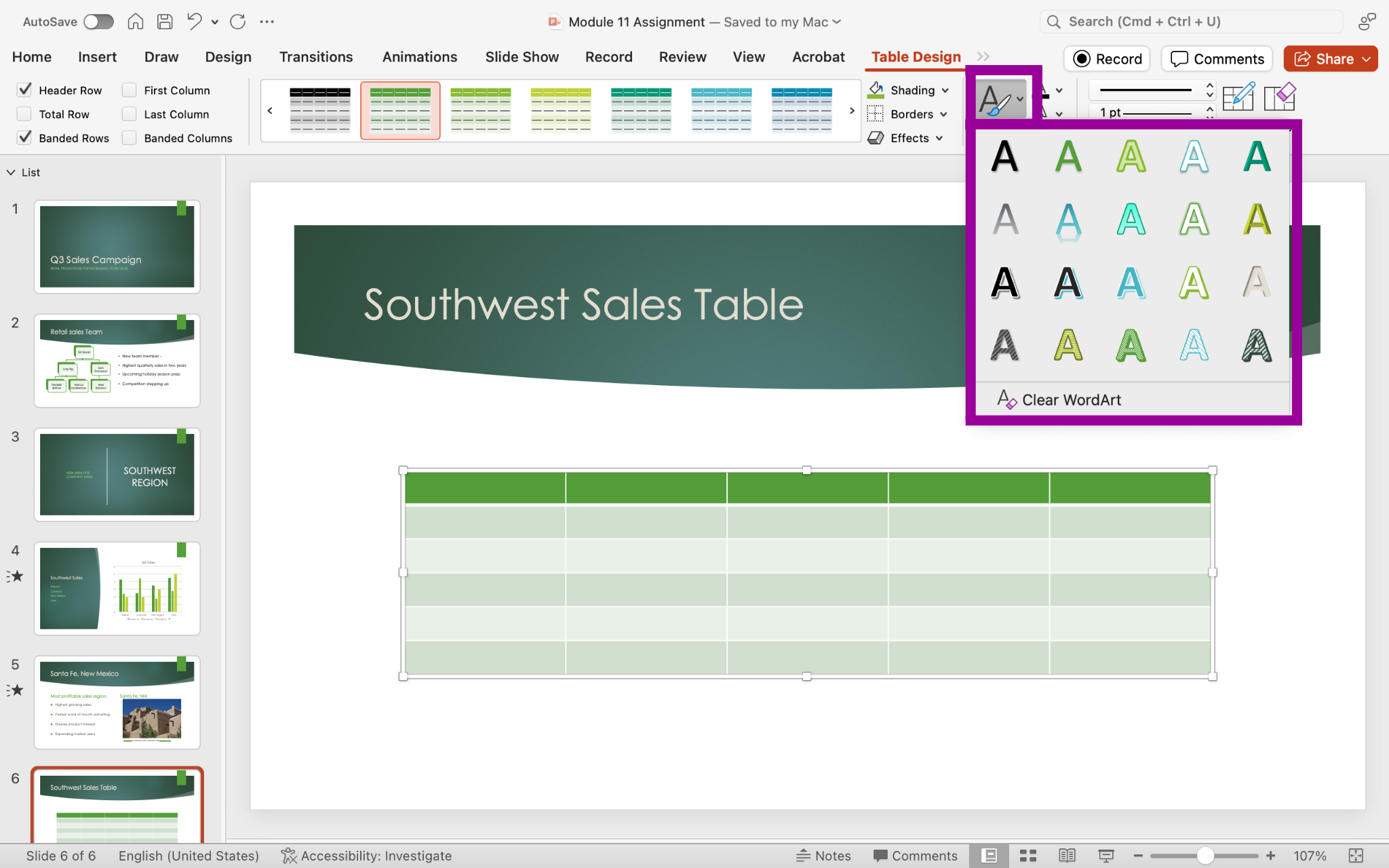 PowerPoint screenshot of Table Design tab showing WordArt options in drop-down menu.